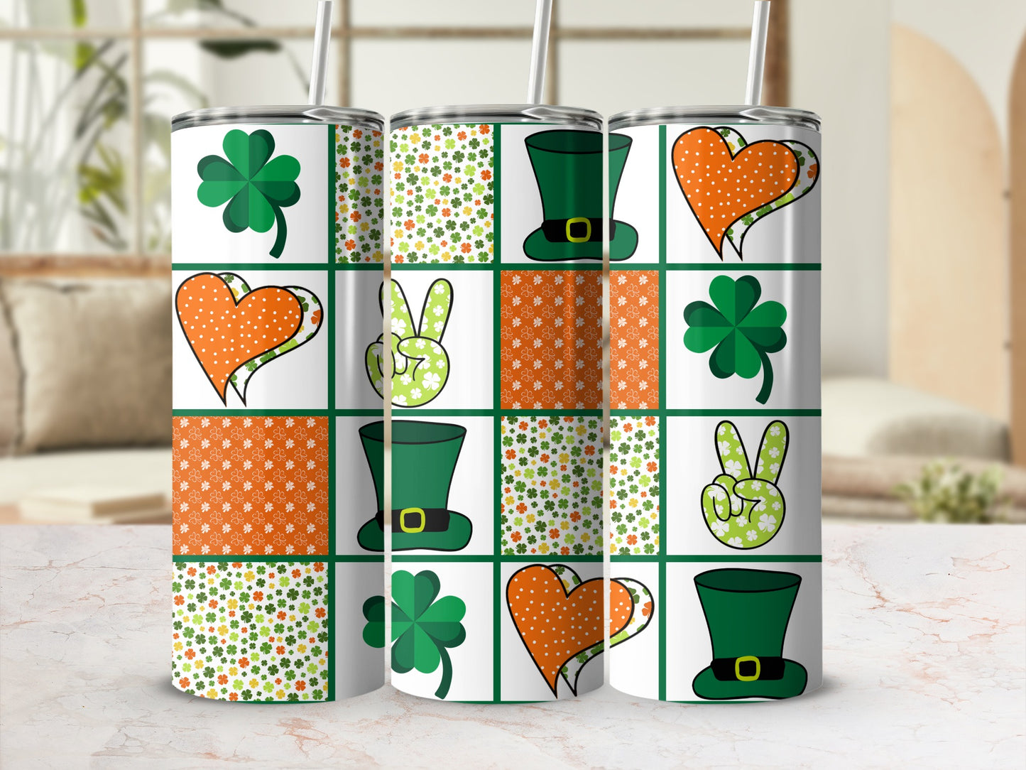 St. Patrick's Day themed tumbler with shamrocks, hearts, and peace signs.
