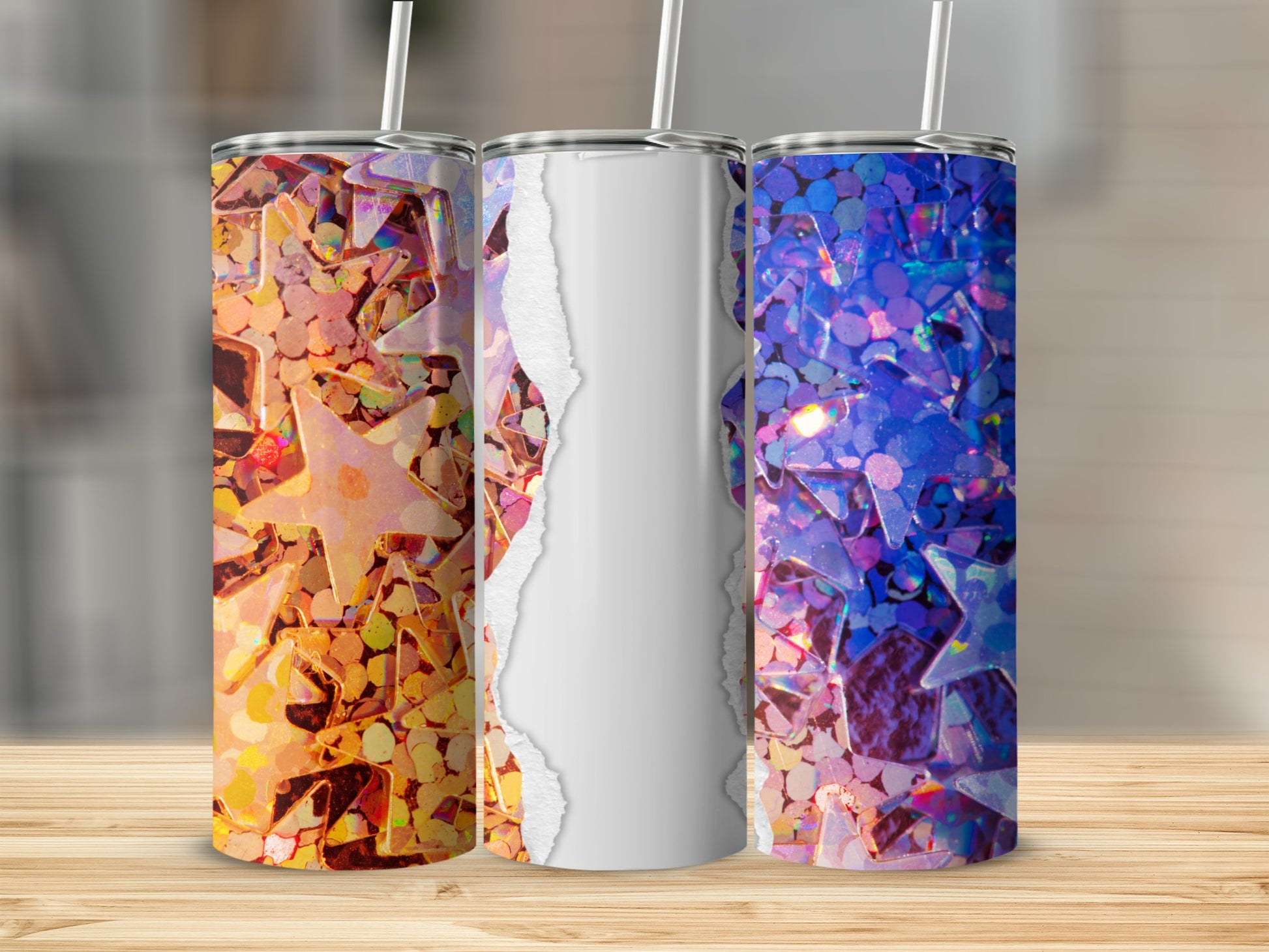 Three tumblers with star confetti designs and torn paper texture.