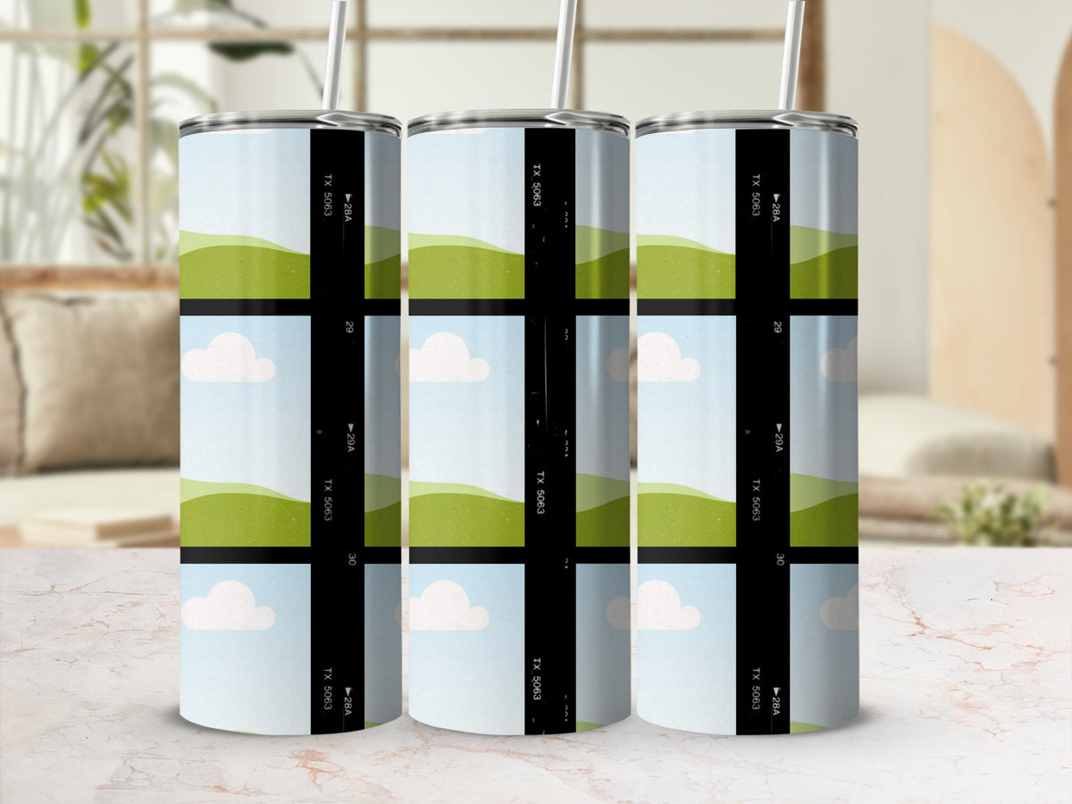 Three tumblers with a film strip design featuring rolling green hills and clouds.