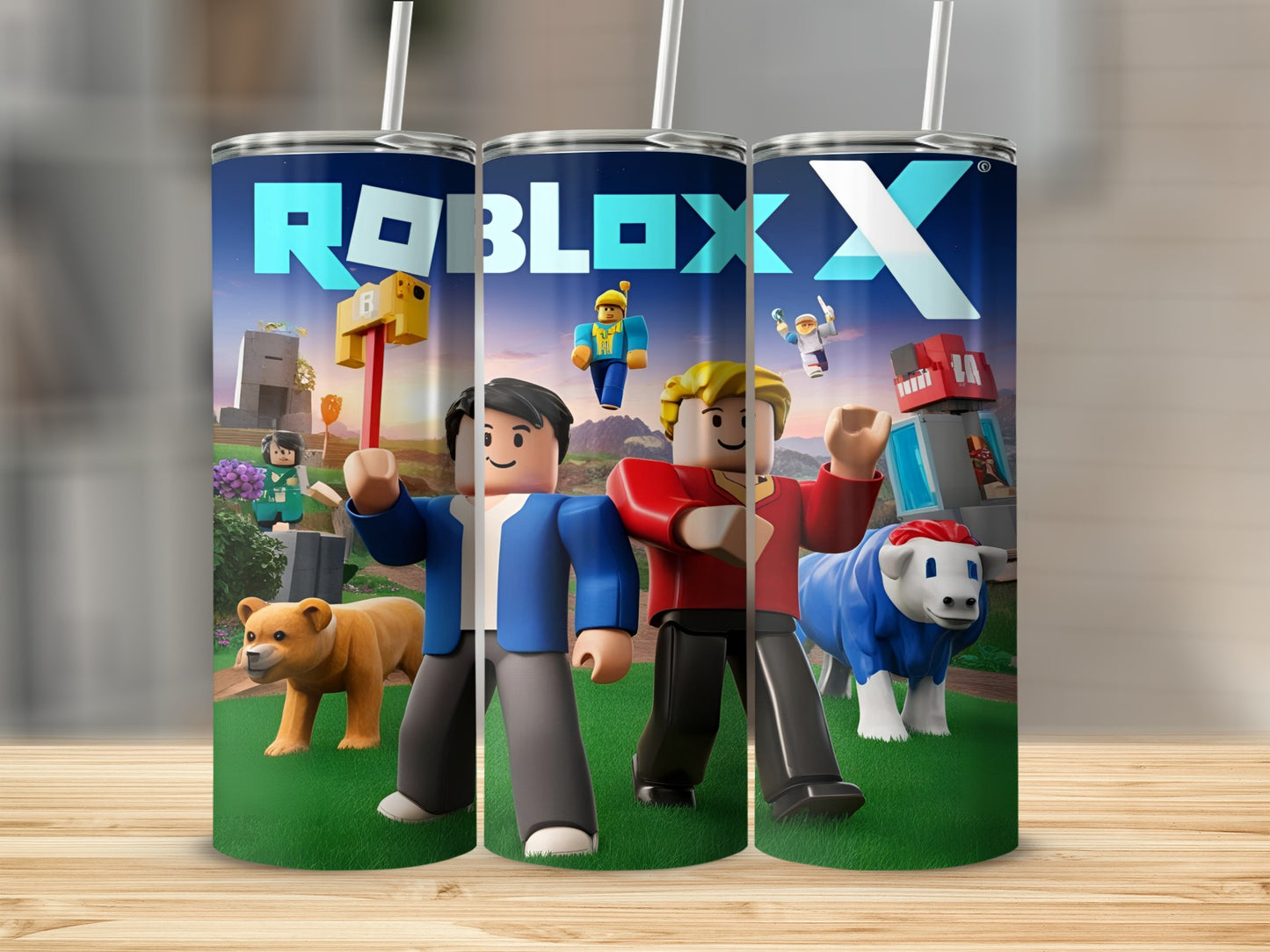 Roblox characters and a cow on a green field with a blue sky.