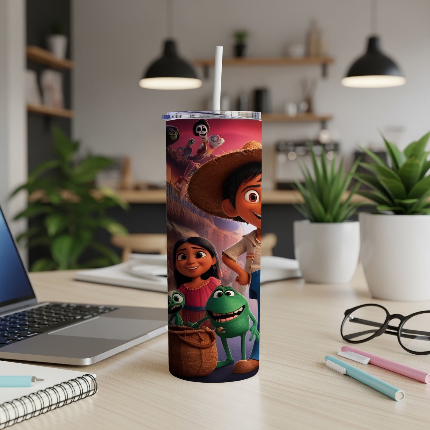 Coco movie characters Miguel, Hector, Dante, Imelda, and Ernesto on a tumbler.