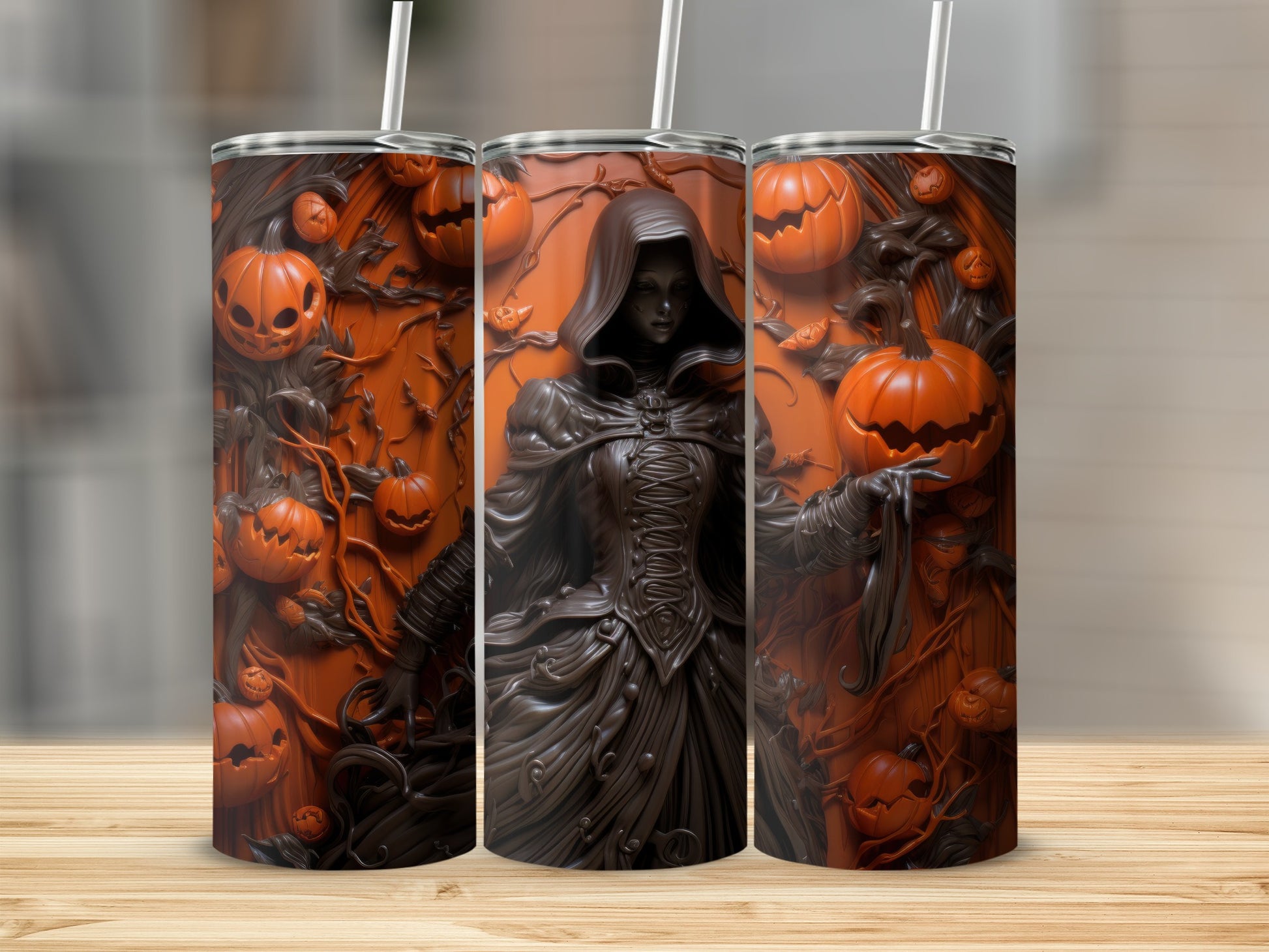 Three tumblers with a dark figure and jack-o'-lanterns on an orange background.