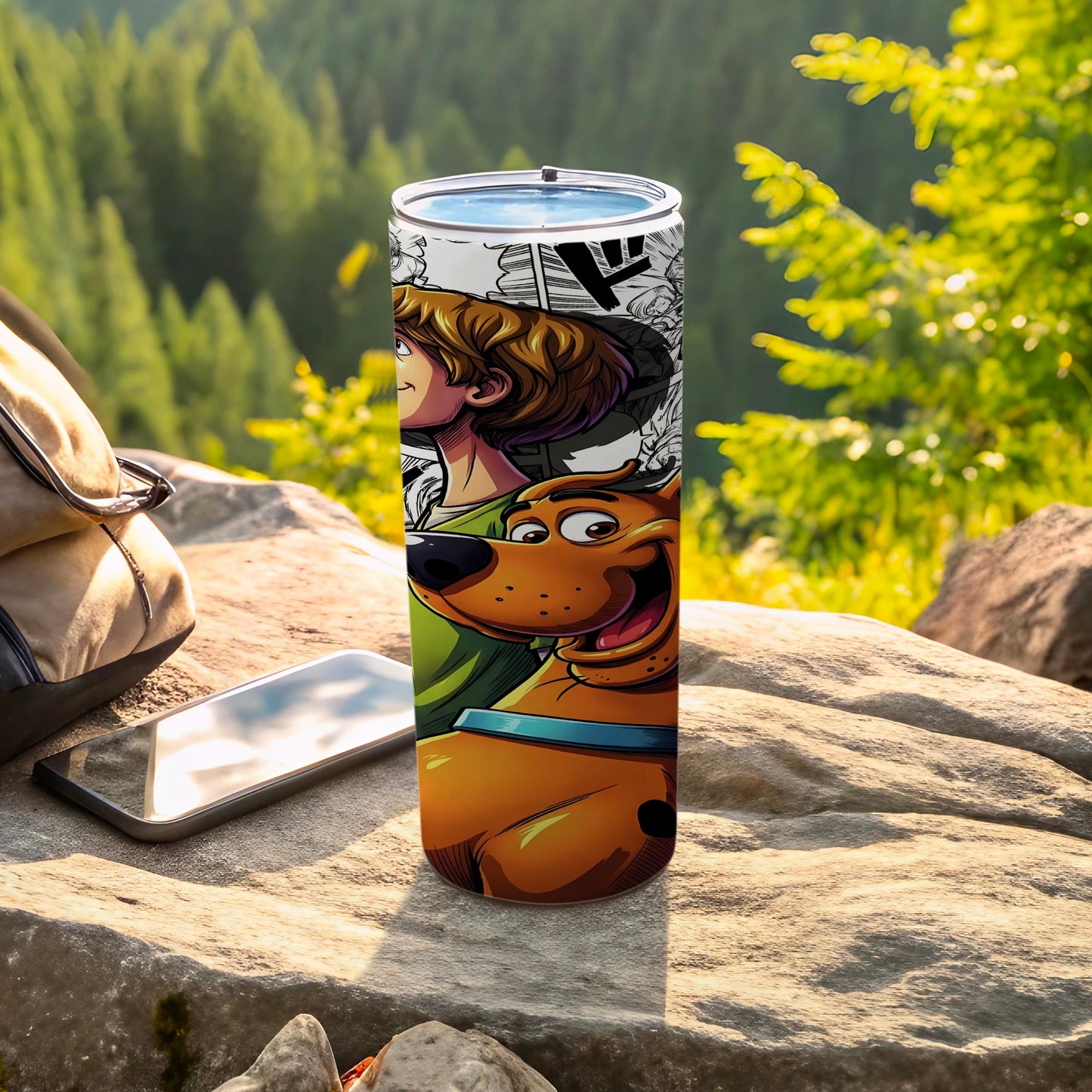 Scooby-Doo and Shaggy cartoon characters on a tumbler with a backpack and phone.