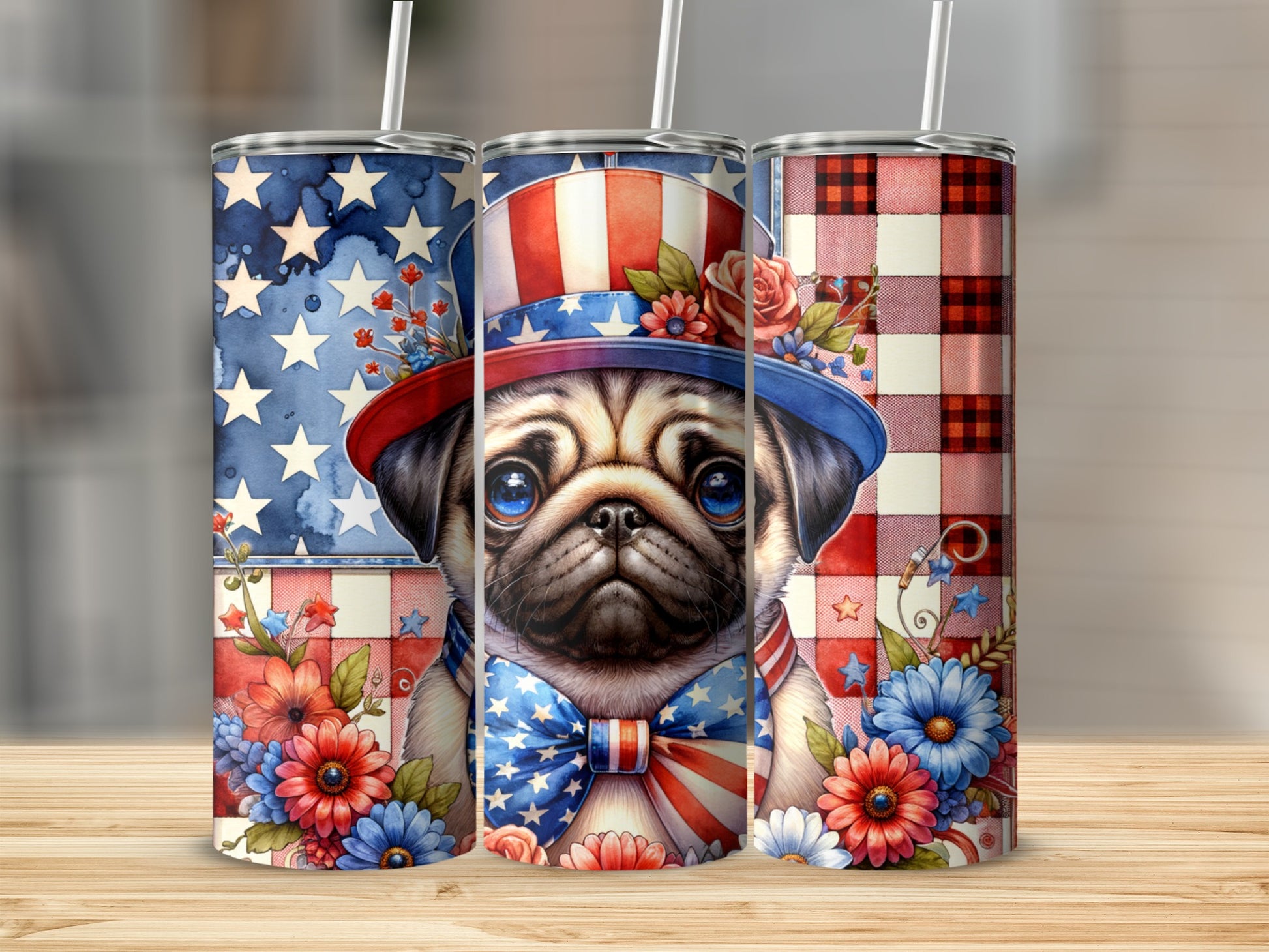 Pug in patriotic hat and bowtie, surrounded by flowers and stars.