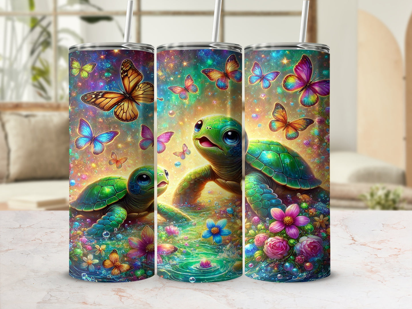 Enchanting Turtles and Butterflies Tumbler Cup