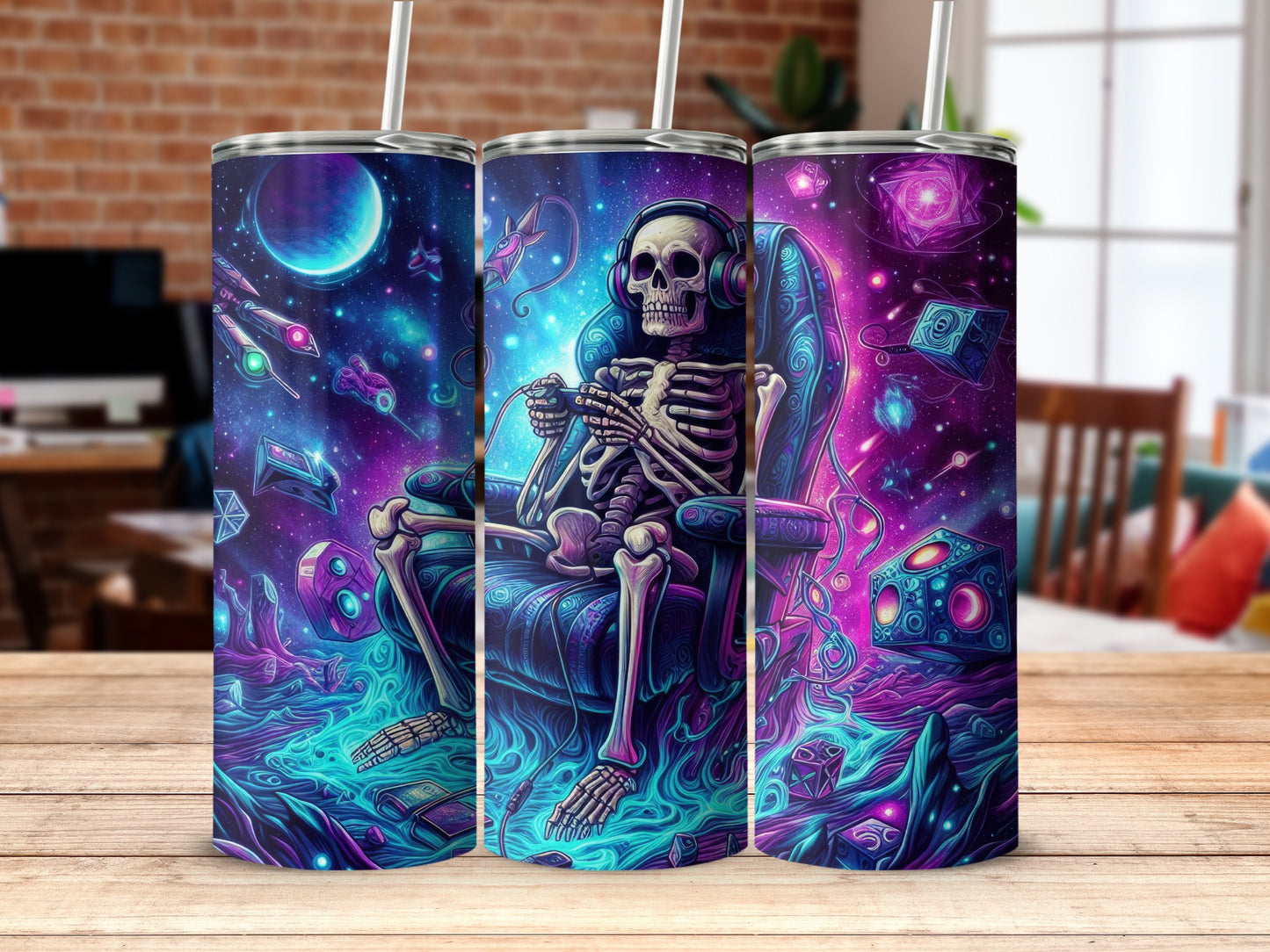 Skeleton Gamer in Outer Space Tumbler