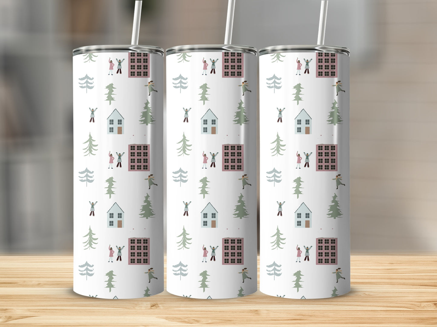 Three tumblers with a pattern of houses, trees, and stick figures.