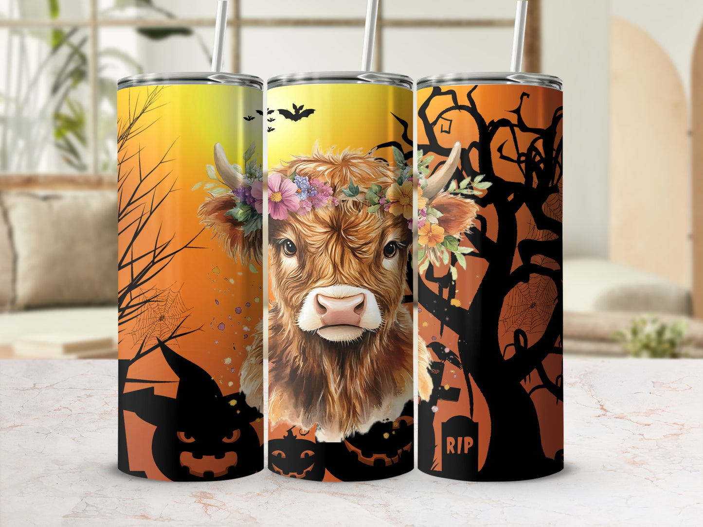 Halloween Themed Cow and Pumpkins Tumbler