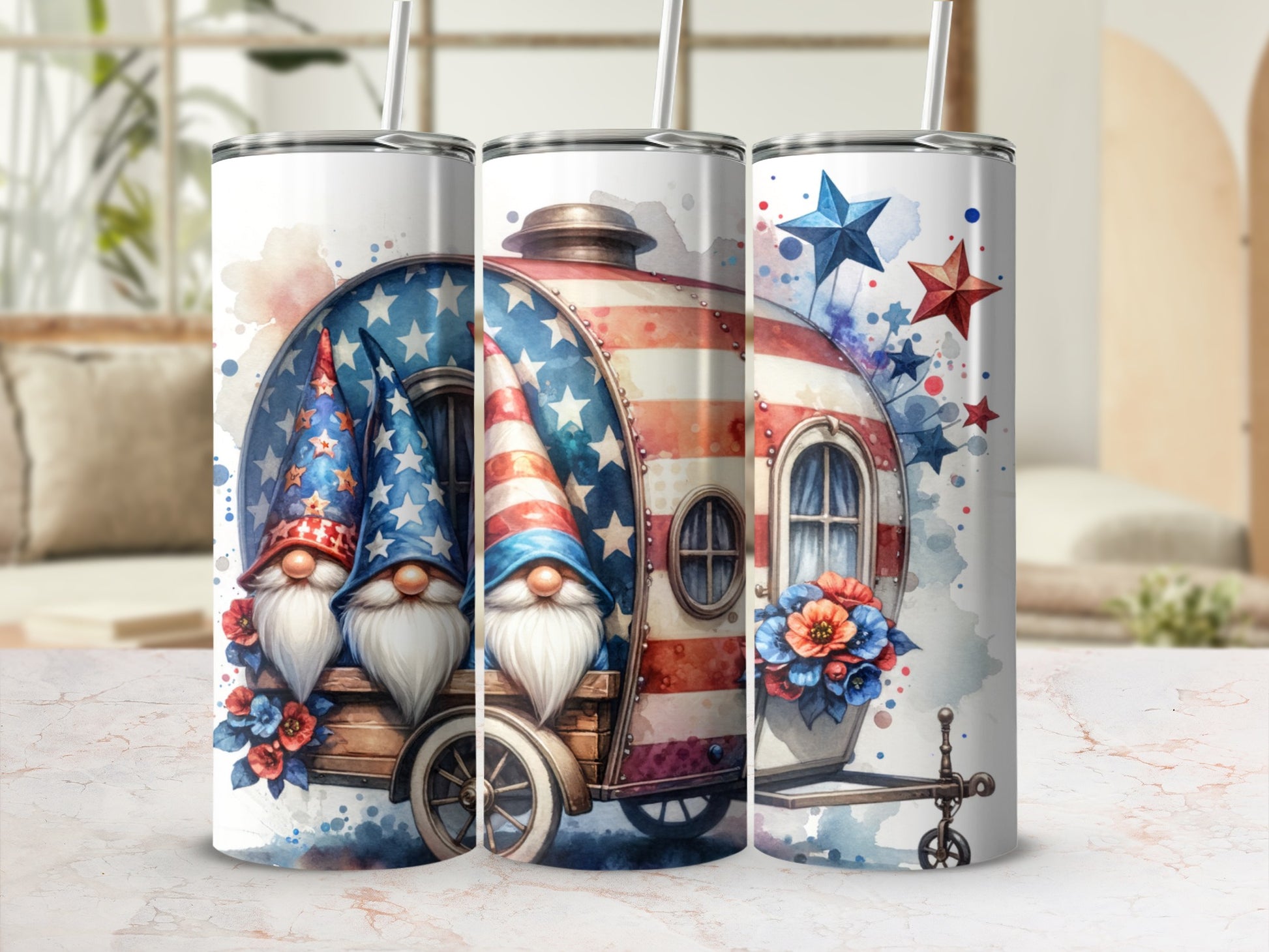 Three patriotic gnomes and a camper trailer with watercolor stars and flowers.