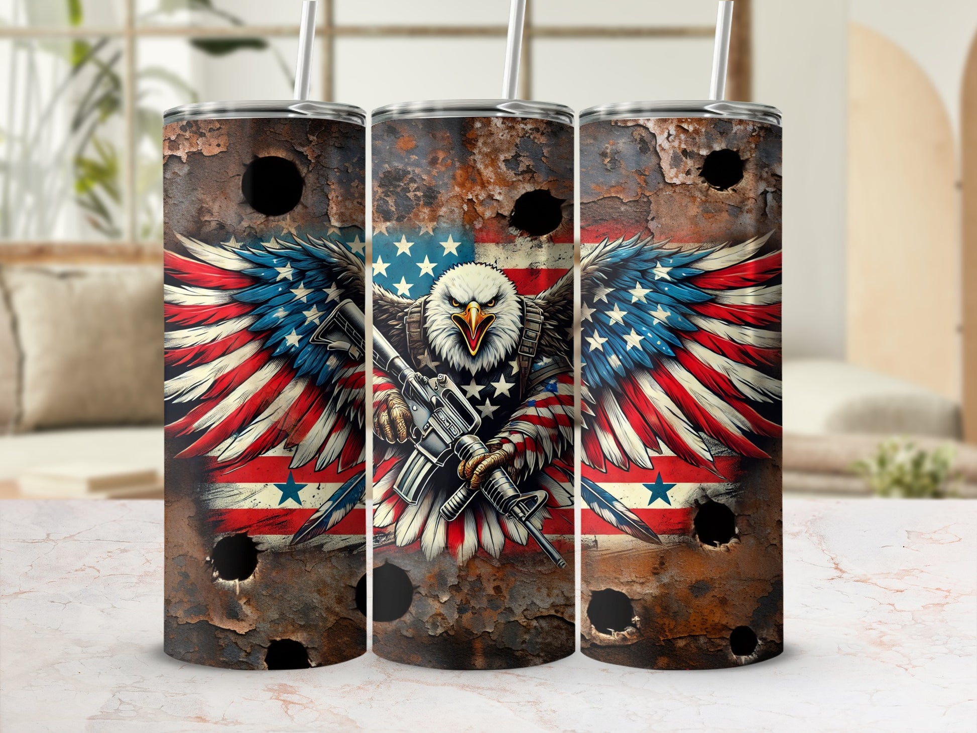 Eagle with American flag wings holding a rifle on a rusty background.
