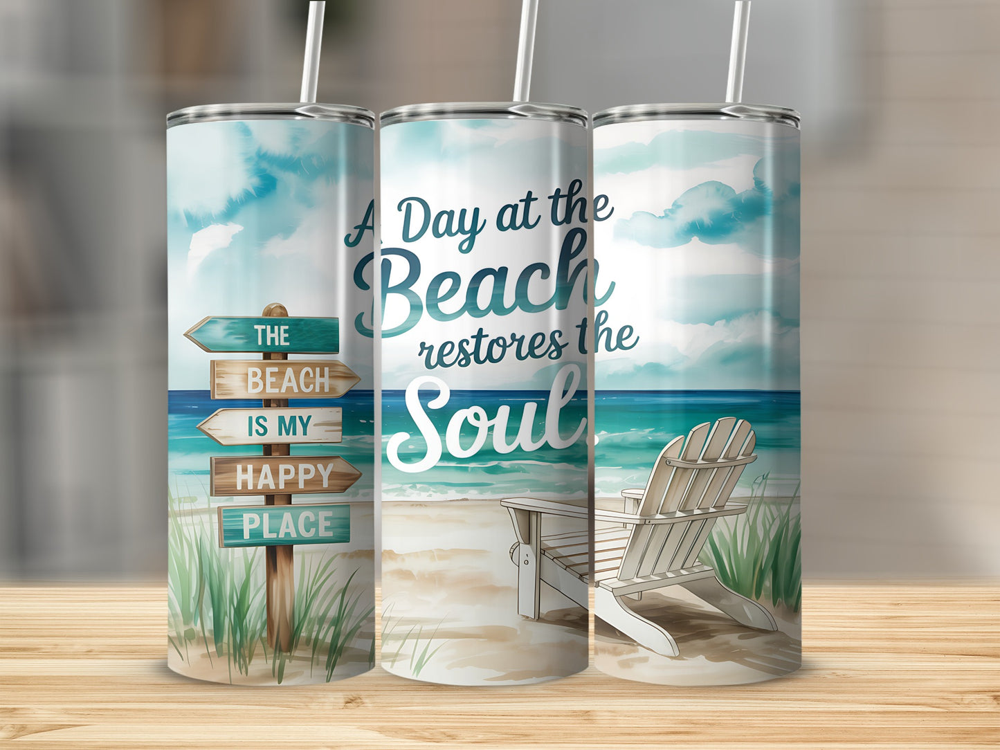 Beach scene tumbler with Adirondack chair and inspirational text.