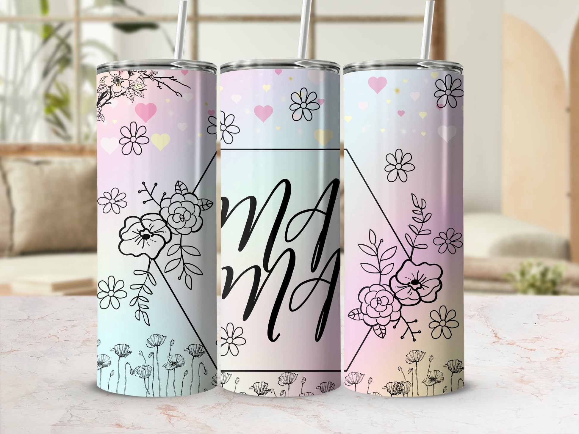 Floral and Heart Design Mom Tumbler Cup with Straw