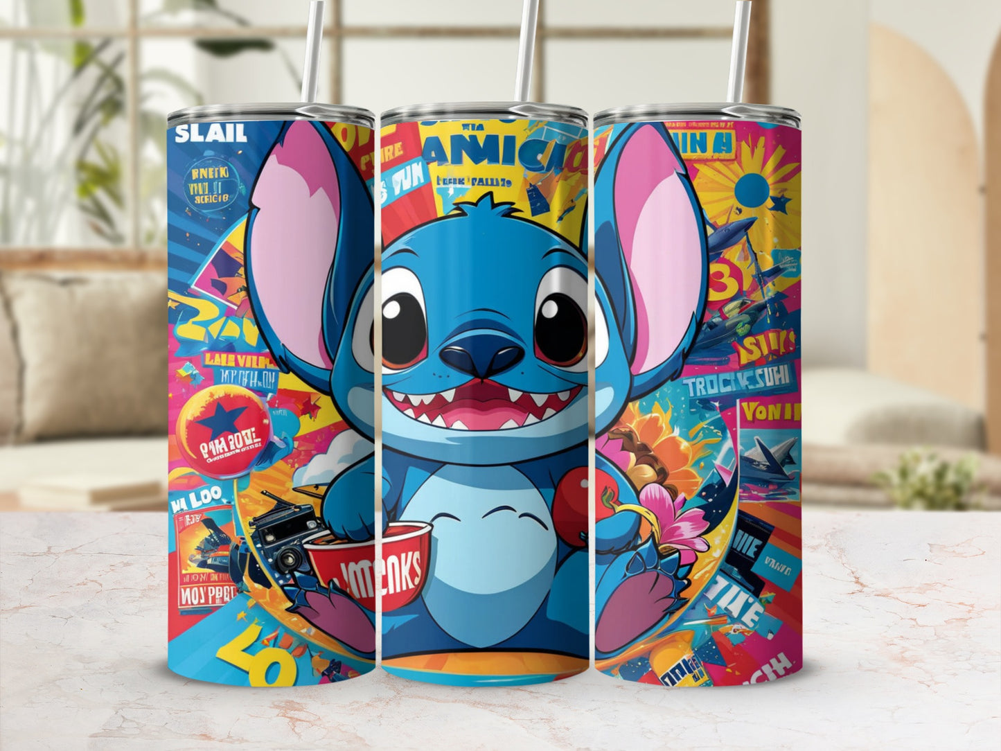Blue cartoon alien character named Stitch holding a red bowl, on a patterned tumbler.