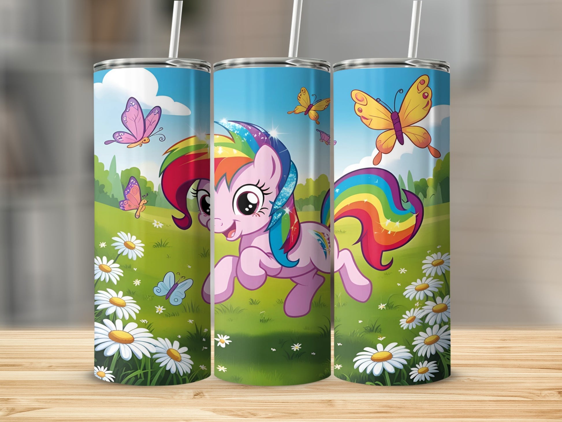 Rainbow Dash with butterflies and daisies on a grassy hill.