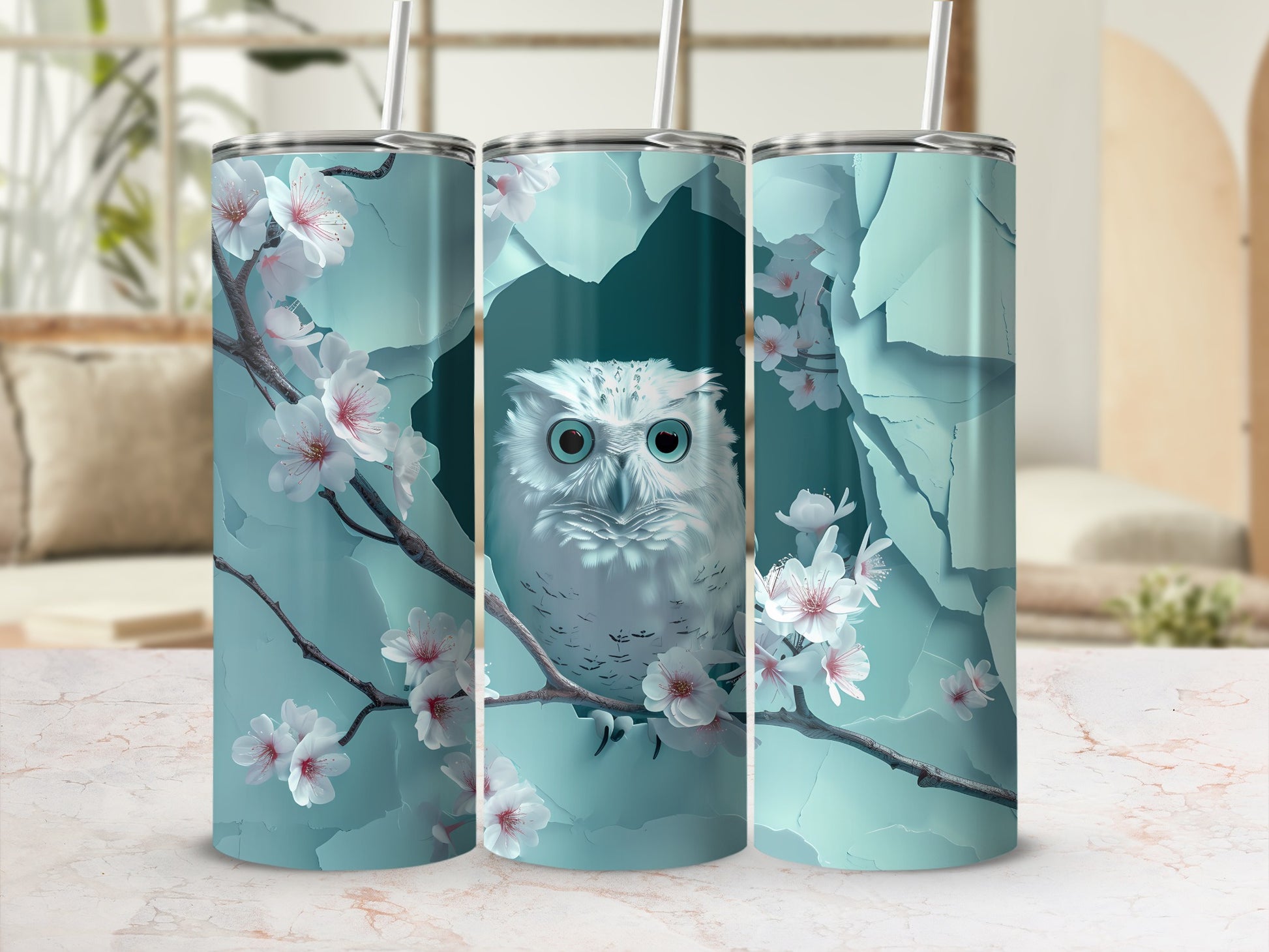 Owl on a cherry blossom branch.