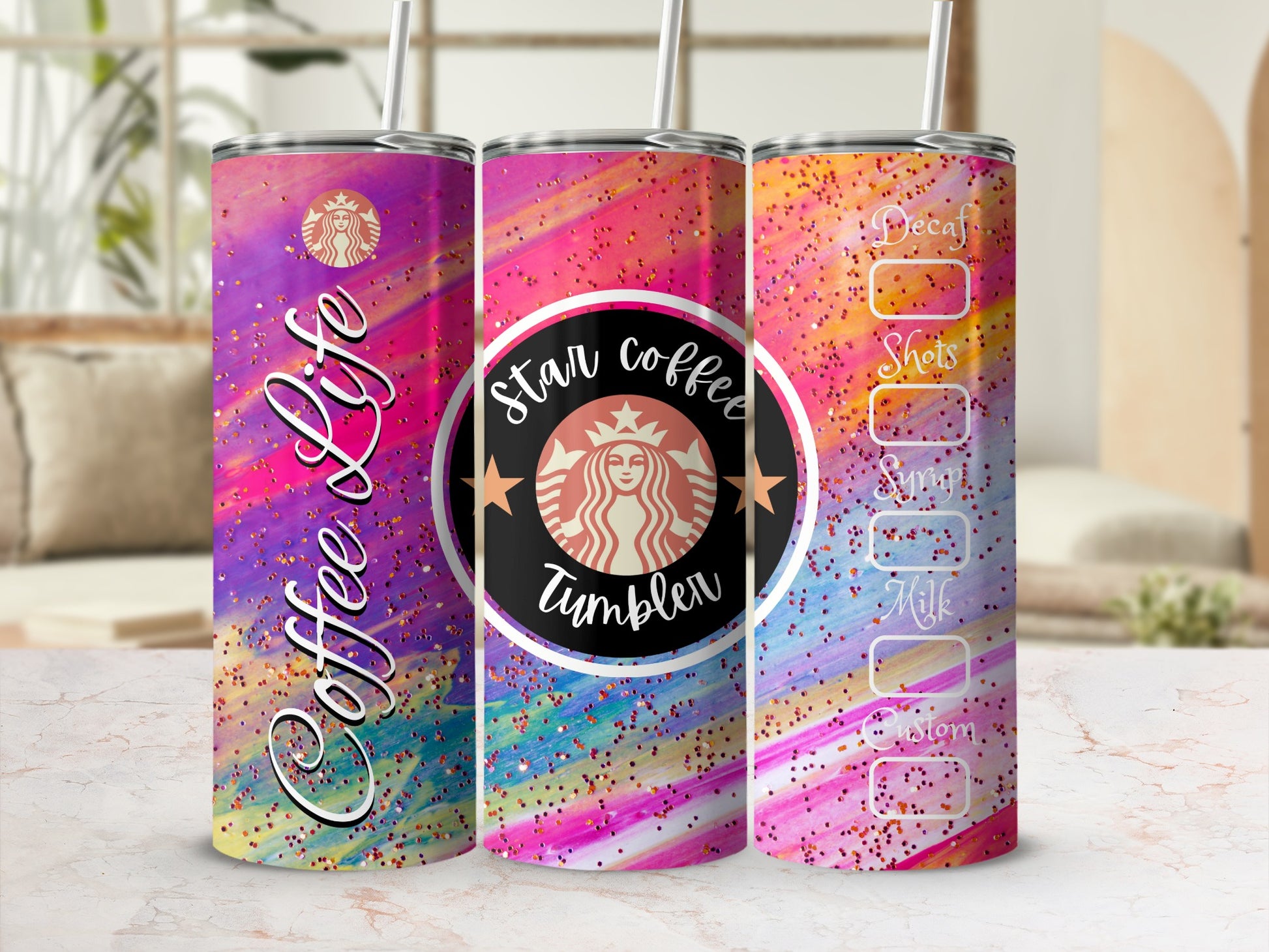 Colorful Glitter Star Coffee Tumbler Customizable Design