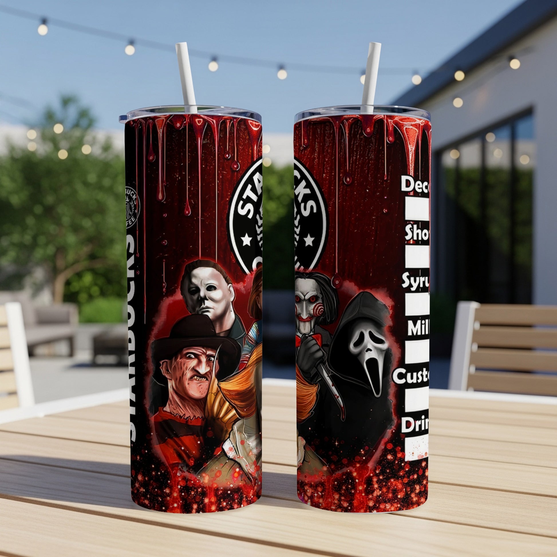 Horror movie characters on a Starbucks-themed tumbler with red and black accents.