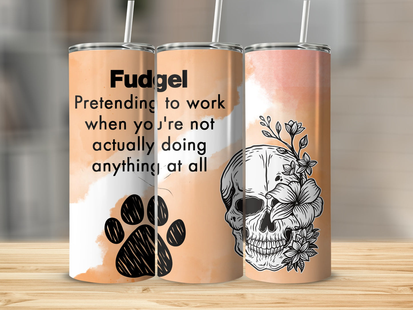 Fudgel Pretending to Work Skull and Floral Tumbler Cup