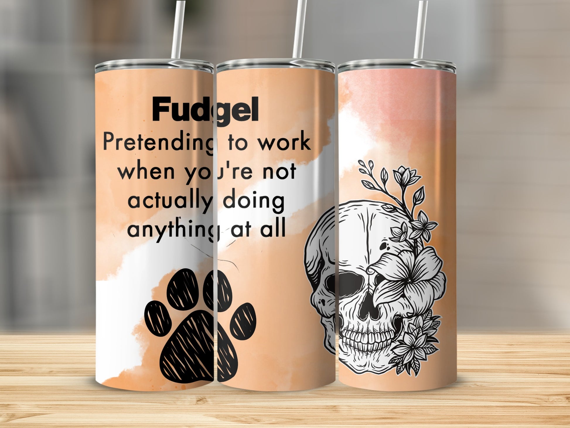 Fudgel Pretending to Work Skull and Floral Tumbler Cup