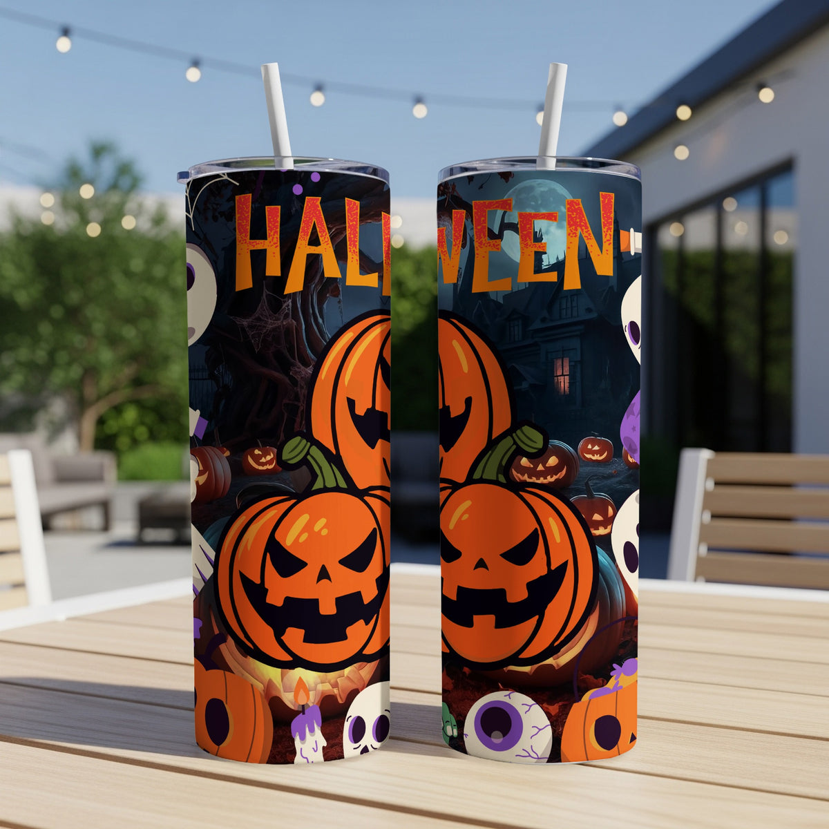 Halloween themed tumblers with jack-o'-lanterns, skulls, and haunted house imagery.