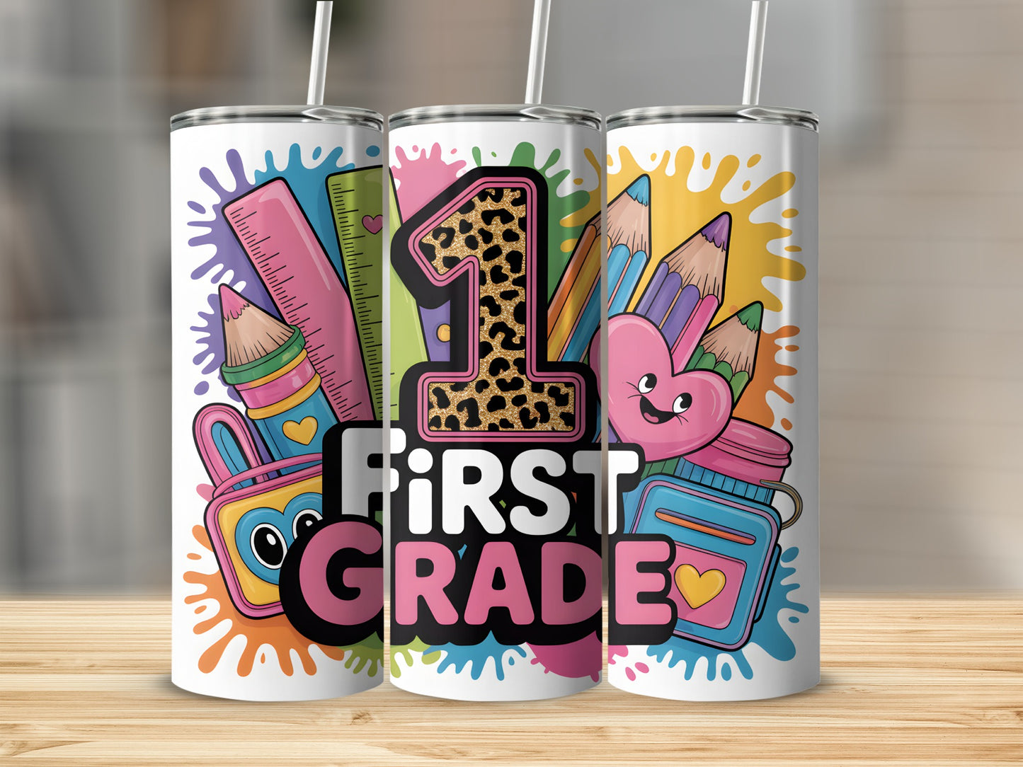 Tumblers with "First Grade" text and school supplies illustrations.