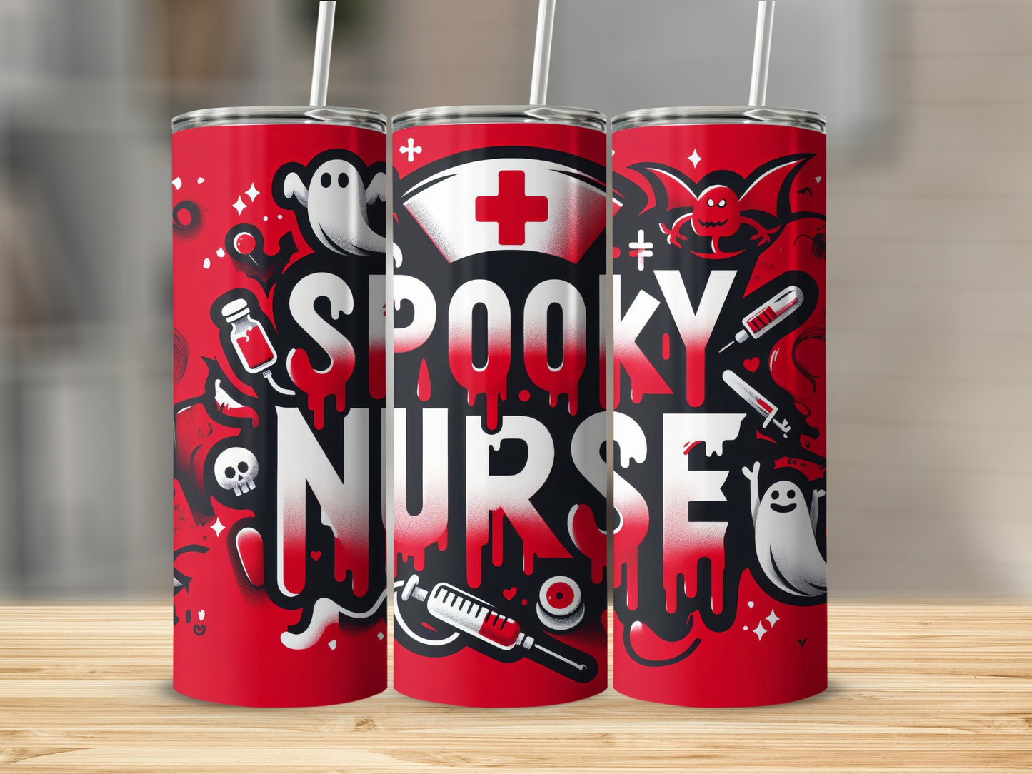 Red tumbler with "Spooky Nurse" text and Halloween-themed graphics.