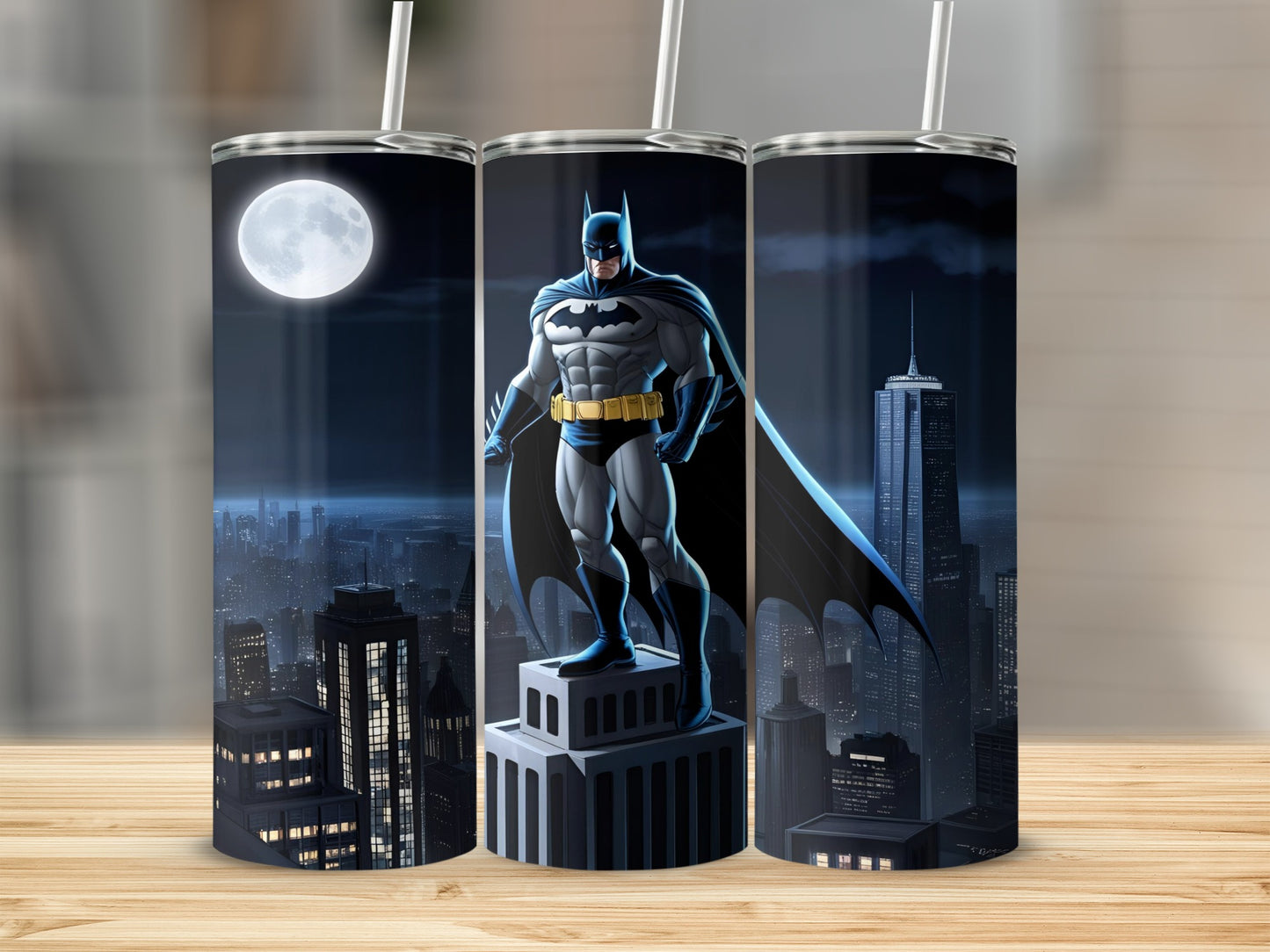 Batman standing on a building overlooking a city at night with a full moon.