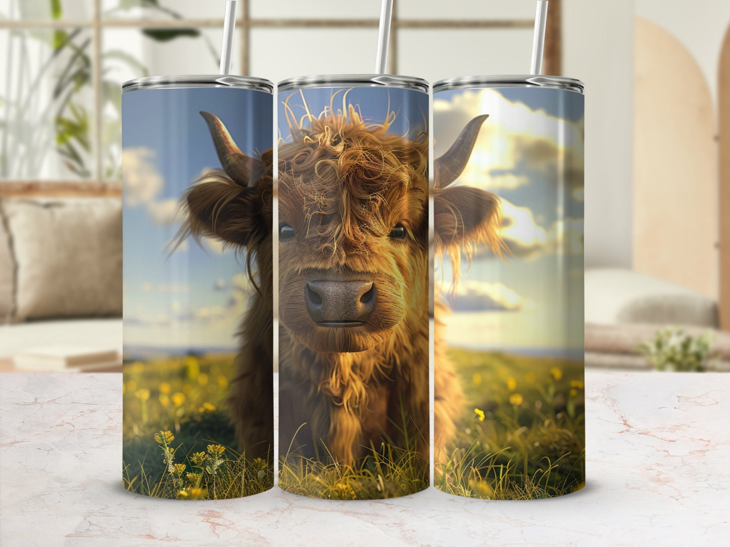 Highland cow with shaggy fur on a grassy field with blurry background.