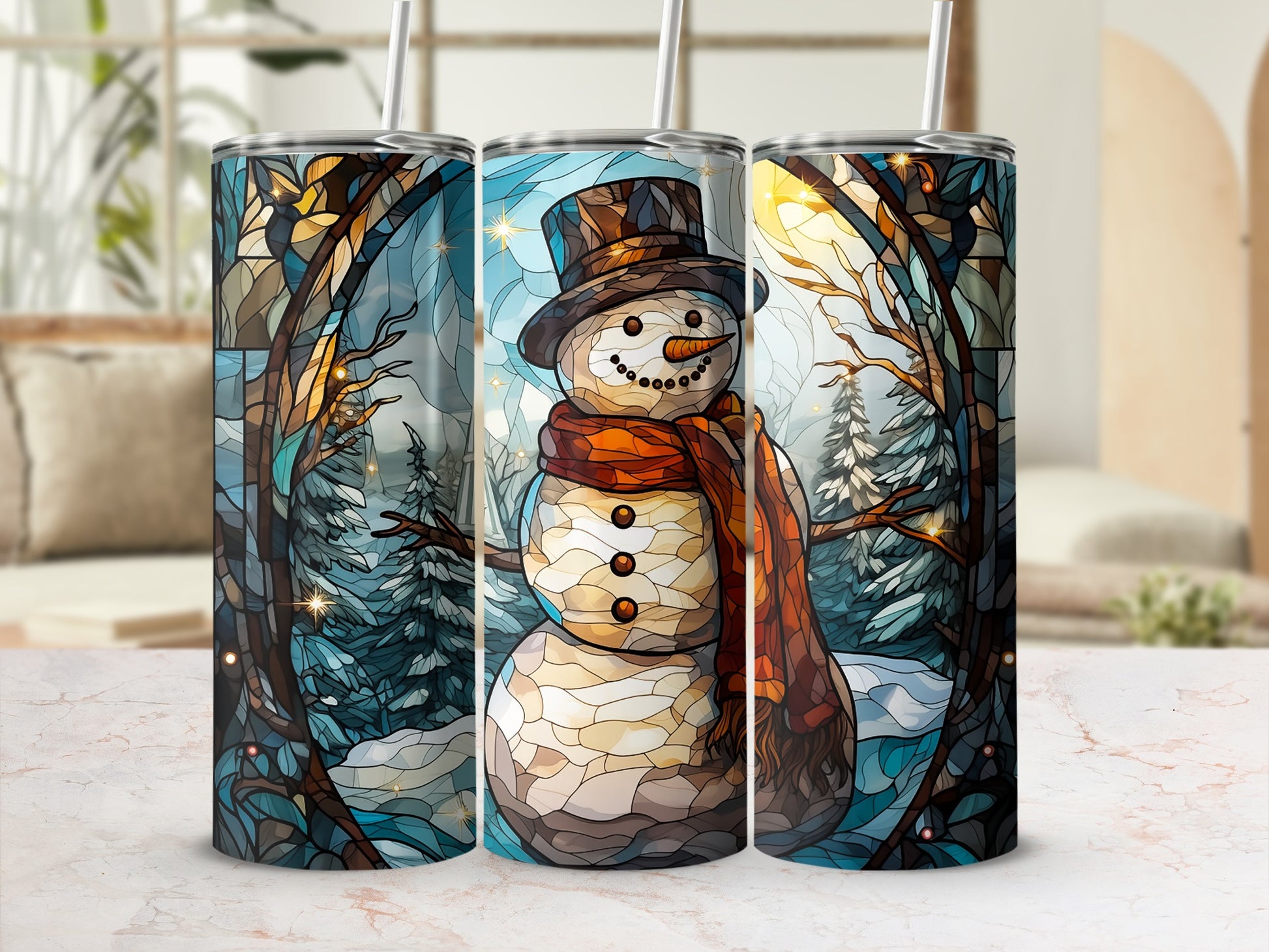 Snowman in hat and scarf, winter forest scene, stained glass style tumbler.