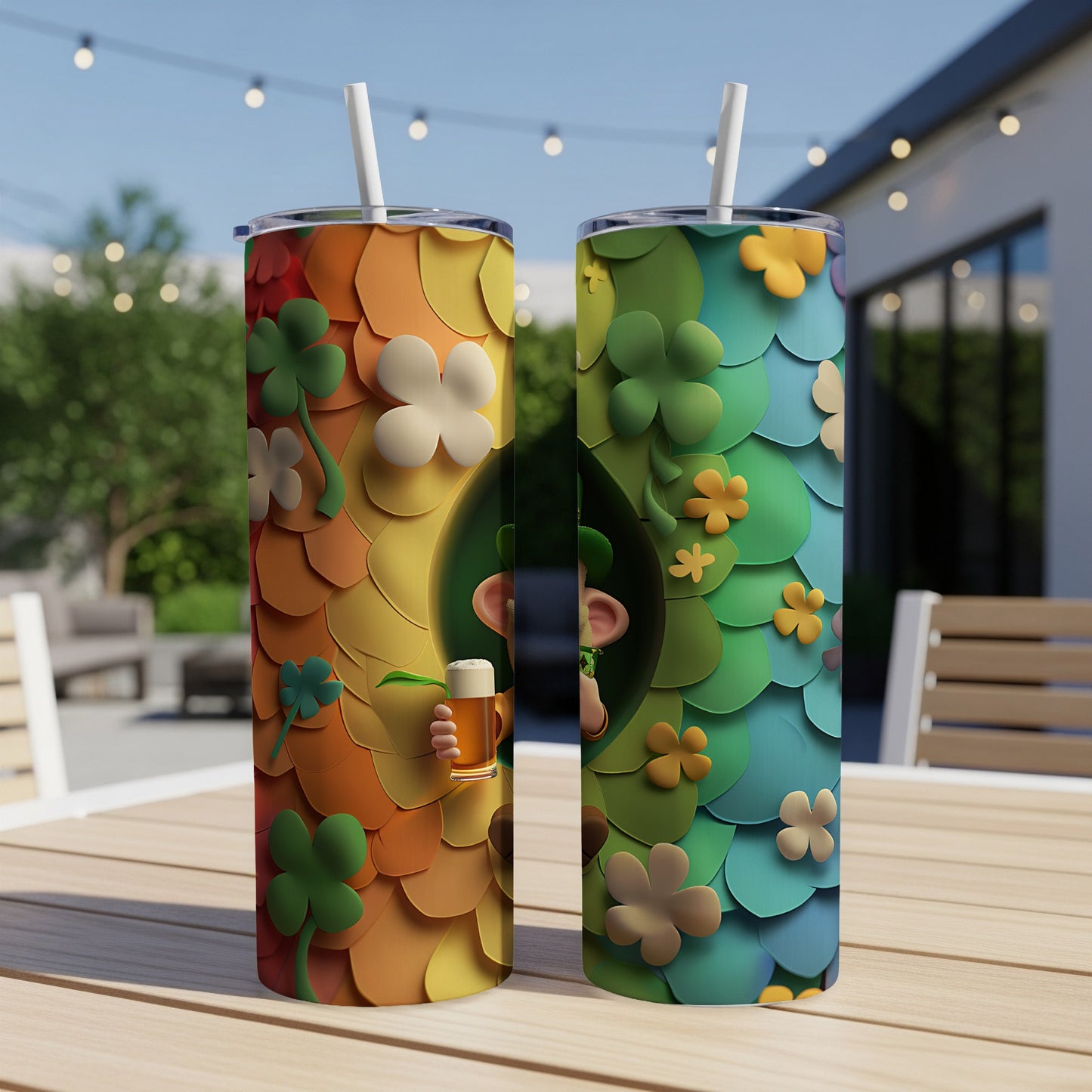 Two St. Patrick's Day themed tumblers with shamrocks and clover patterns.
