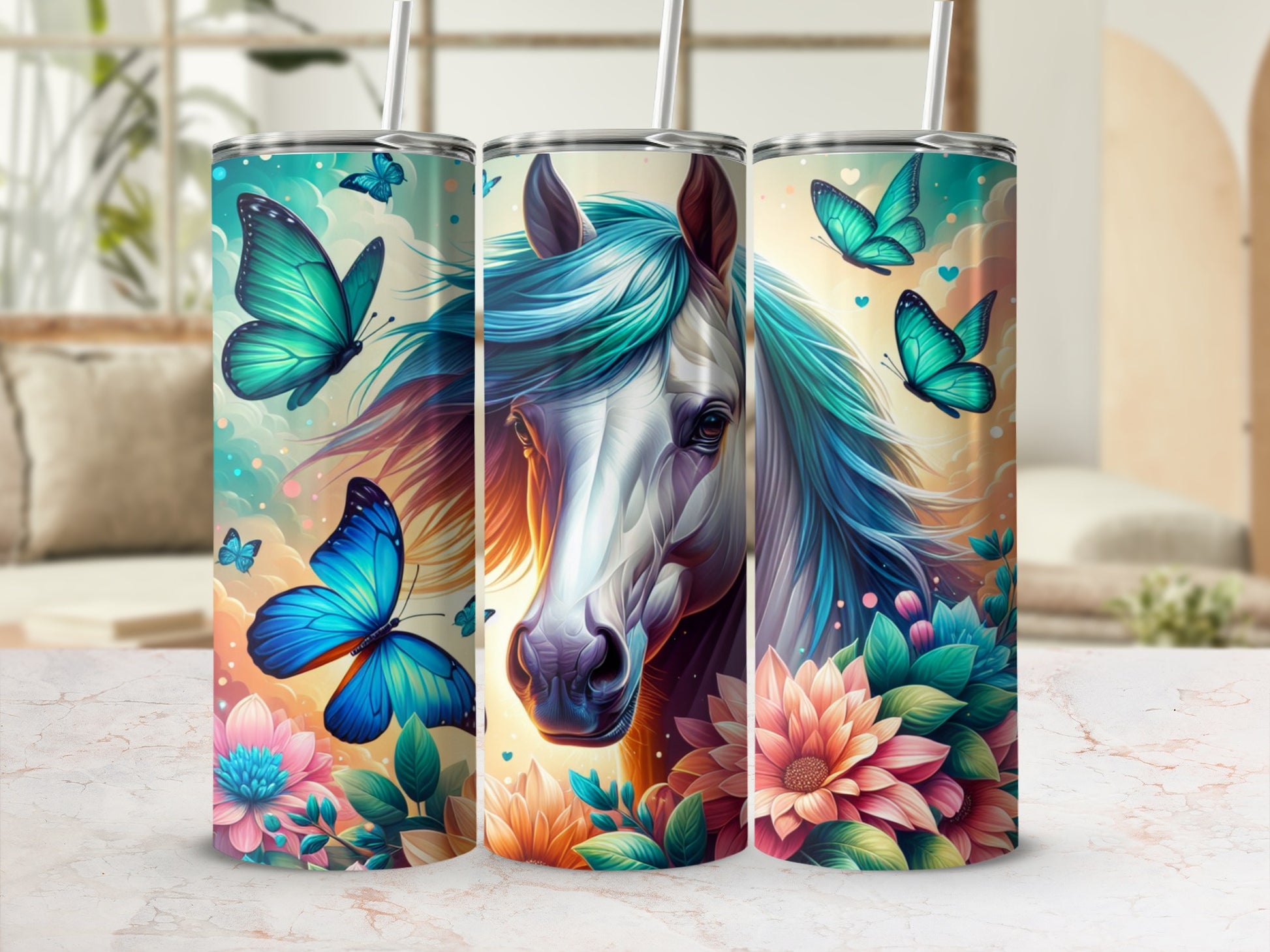 White horse with blue mane and butterflies on a teal tumbler.