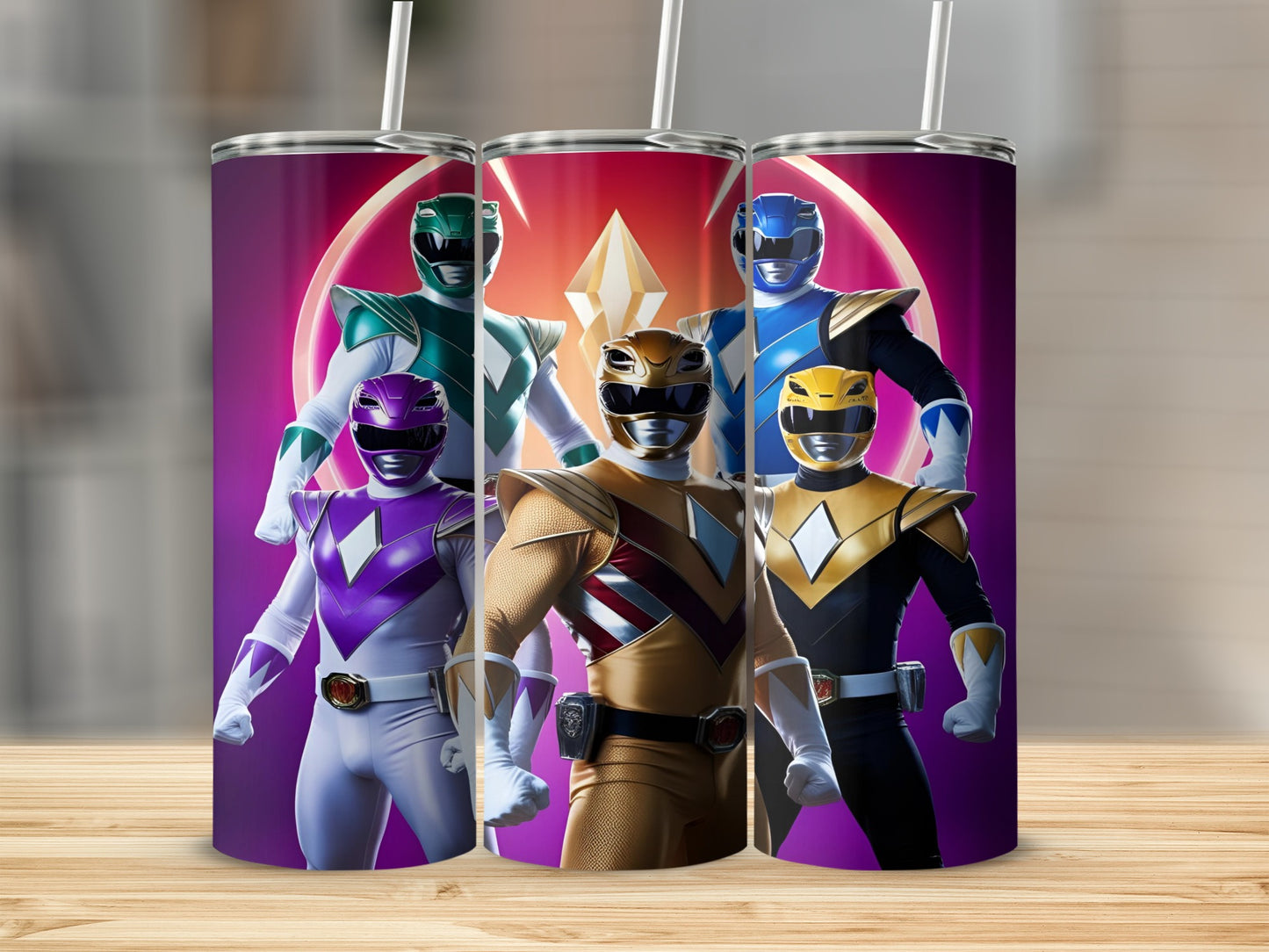 Five Power Rangers in colorful suits stand together against a purple background.