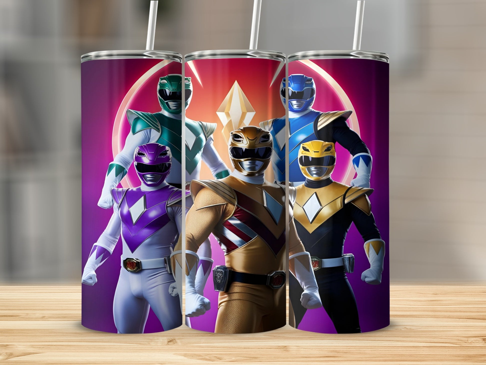 Five Power Rangers in colorful suits stand together against a purple background.