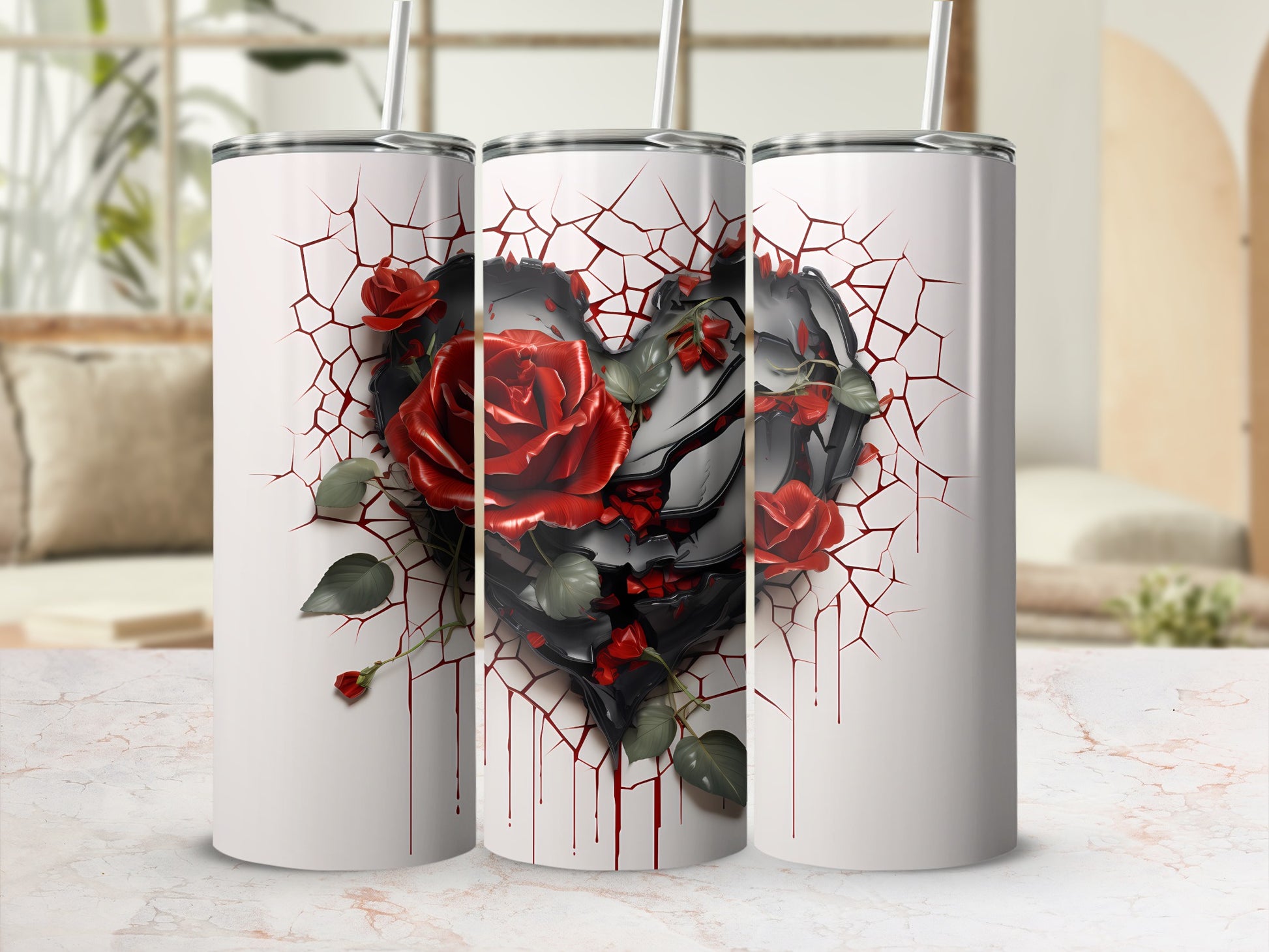 Rose and Heart Crack Design Tumbler with Straw