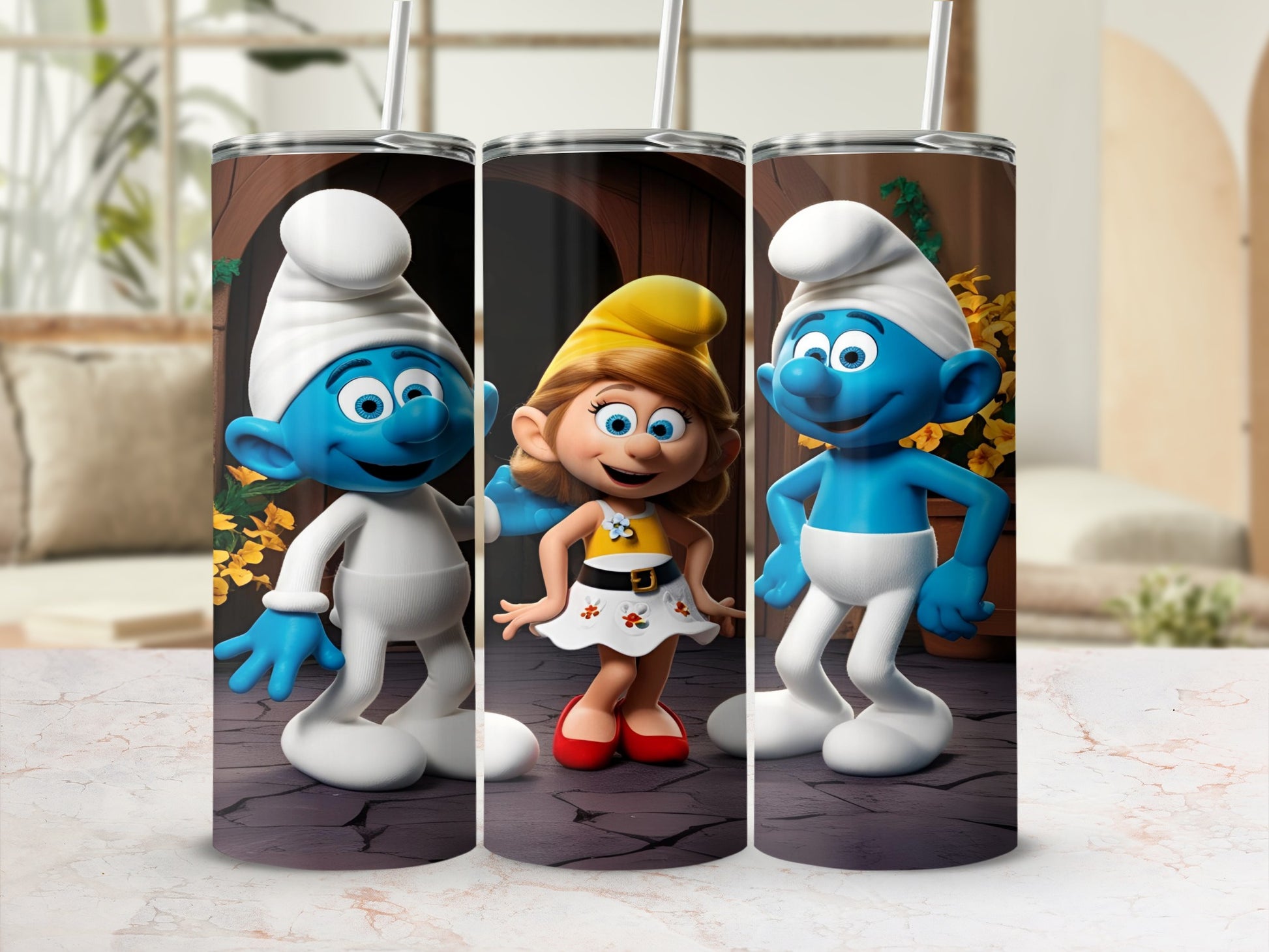 Smurf characters and Smurfette on tumblers with cobblestone background.