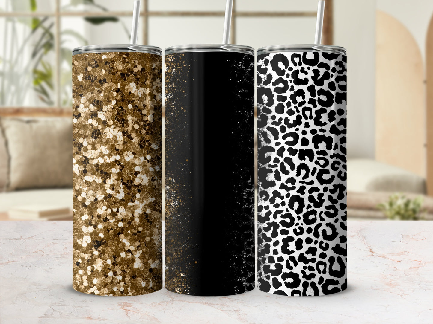 Three tumblers with glitter, black and leopard print designs.