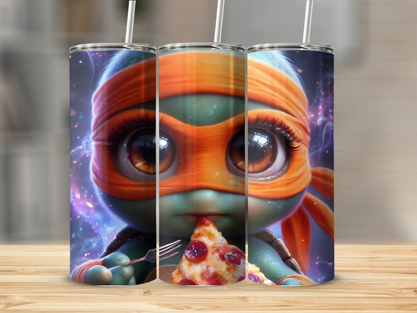 Cute Anime Turtle with Pizza Design Tumbler Cup