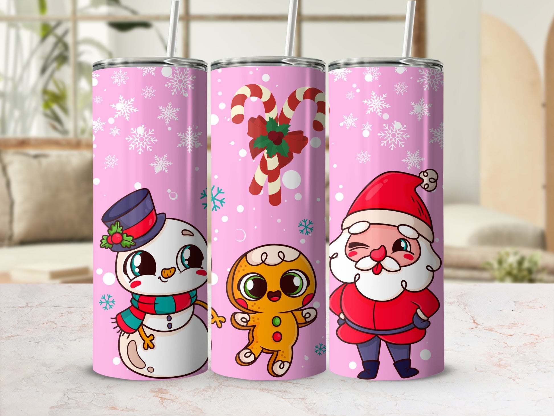 Cute Christmas Santa Snowman and Gingerbread Tumbler