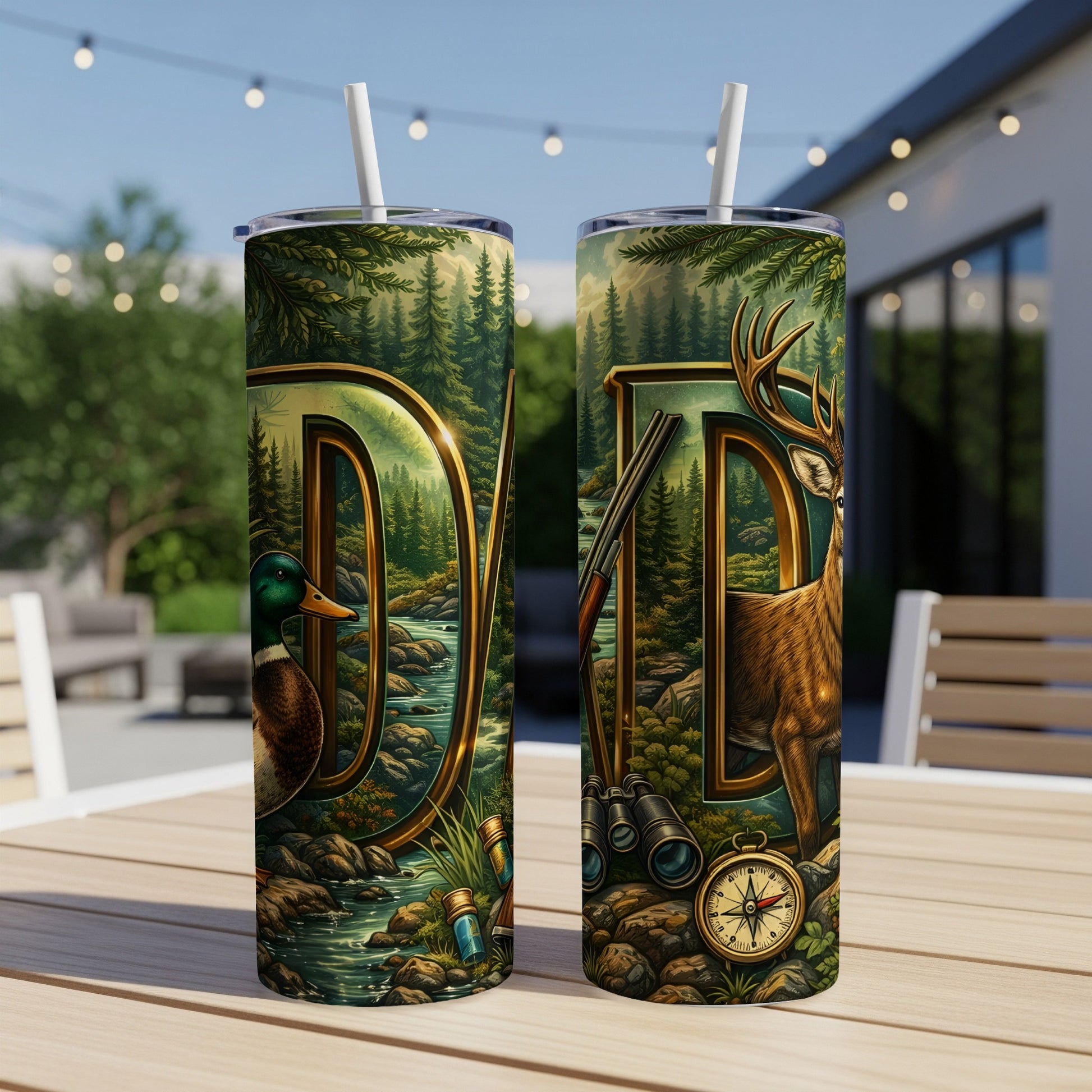 Dad tumbler with forest scene, duck, deer, rifle, and compass.