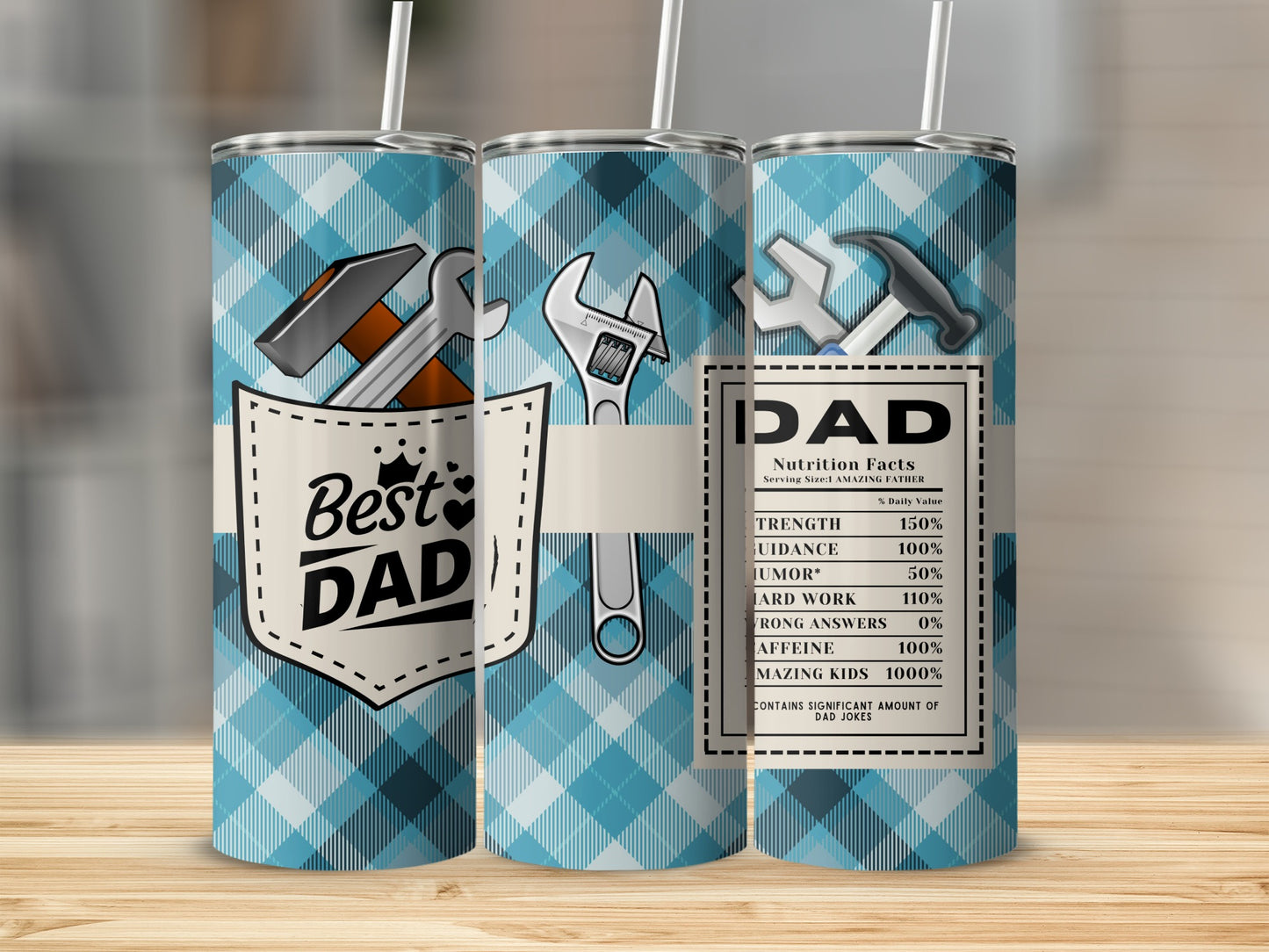 Tumblers with a blue plaid pattern, tools, and "Best DAD" and "Nutrition Facts" labels.