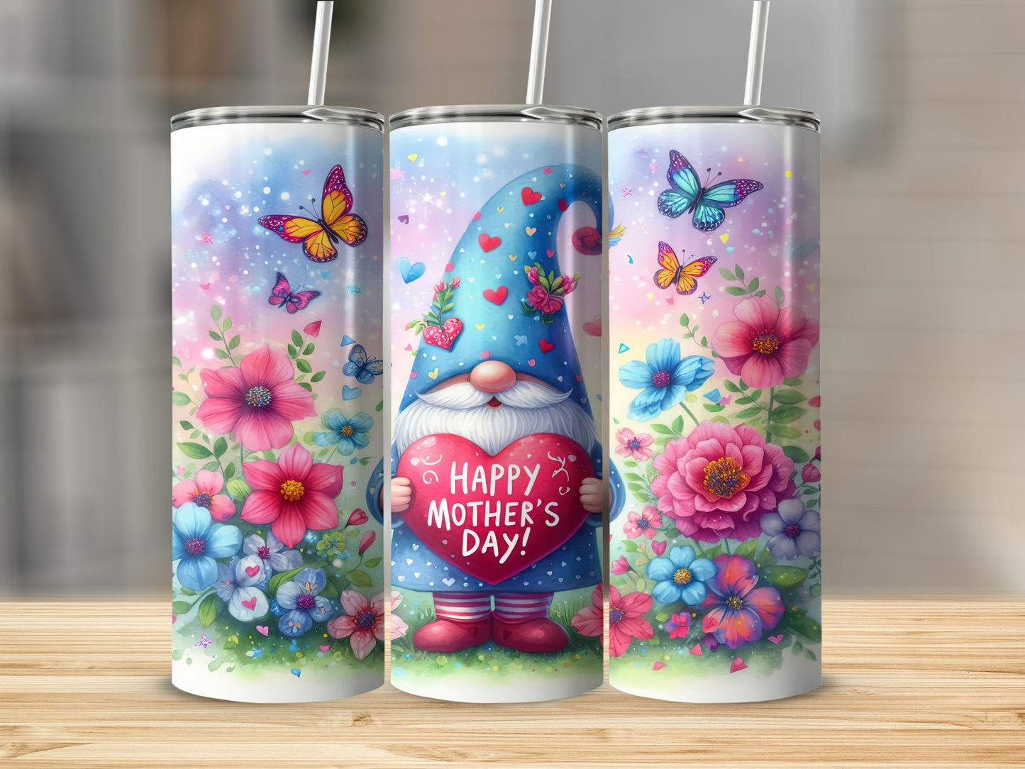 Gnome holding heart with "Happy Mother's Day" text, surrounded by flowers and butterflies.