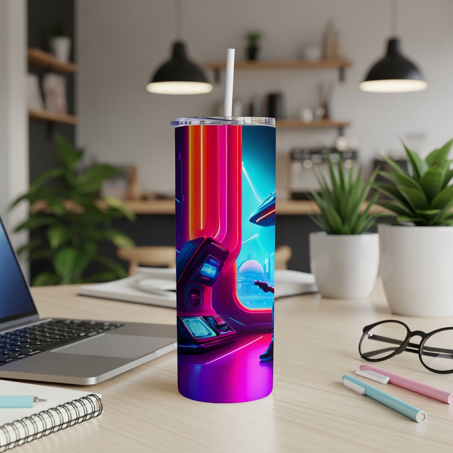 Colorful sci-fi tumbler with futuristic technology and bright neon lights.