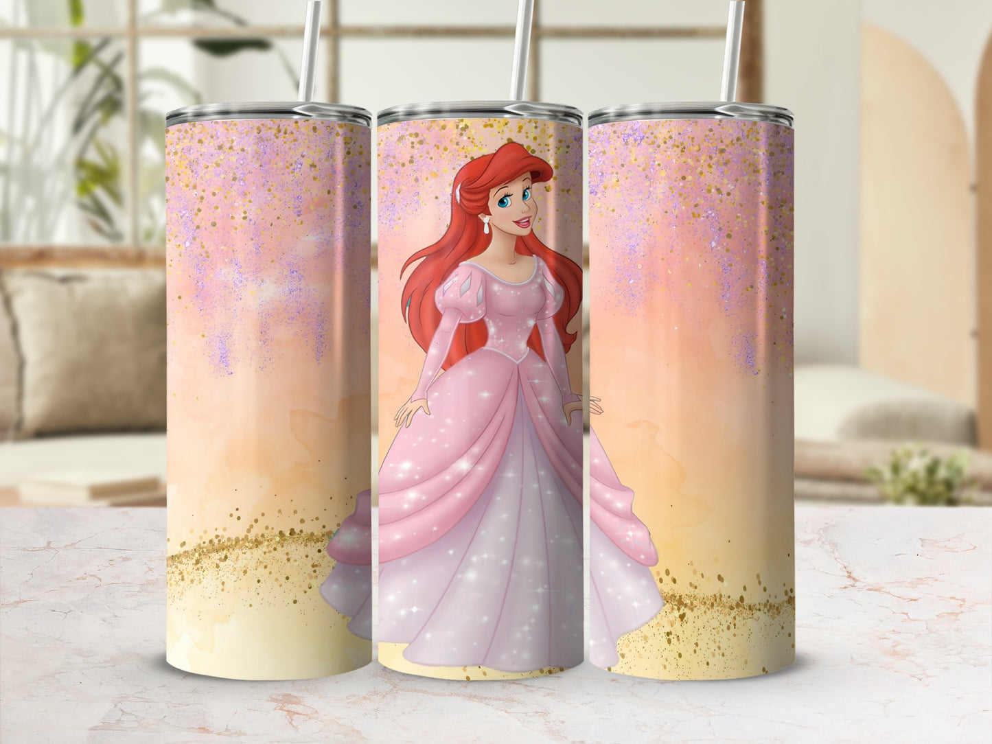 Glittery Pink Princess Design Insulated Tumbler Cup