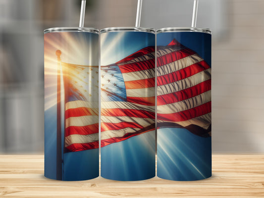 American flag waves in sunlight on a blue-sky background.