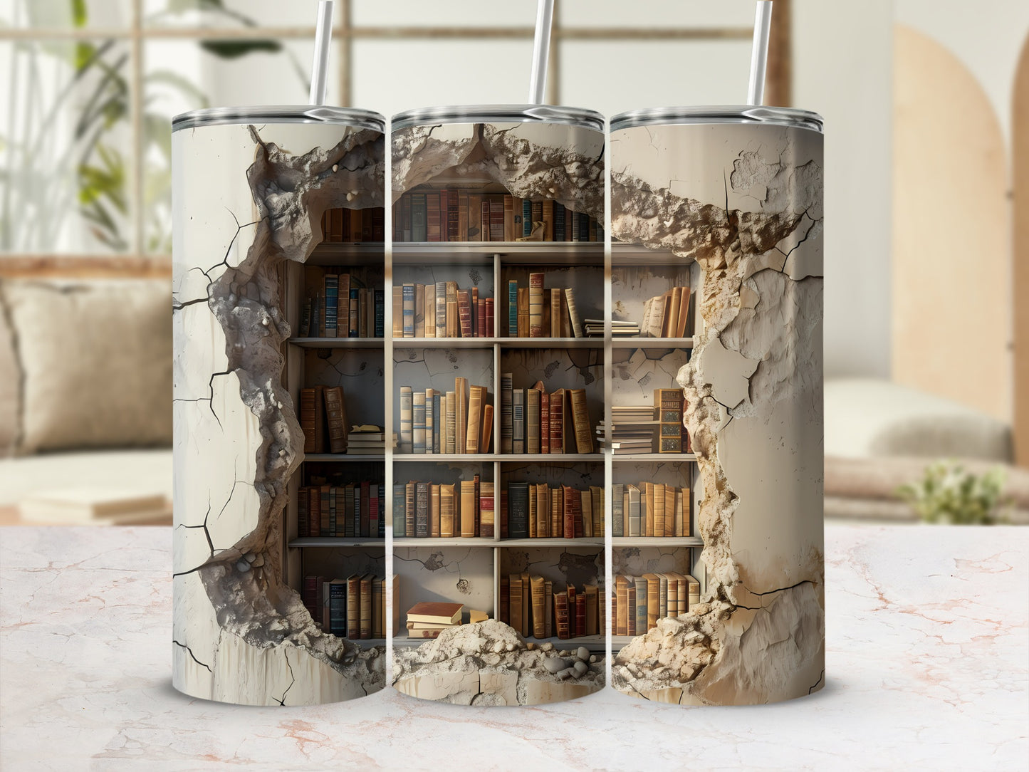 Three tumblers featuring cracked plaster revealing a bookshelf interior.