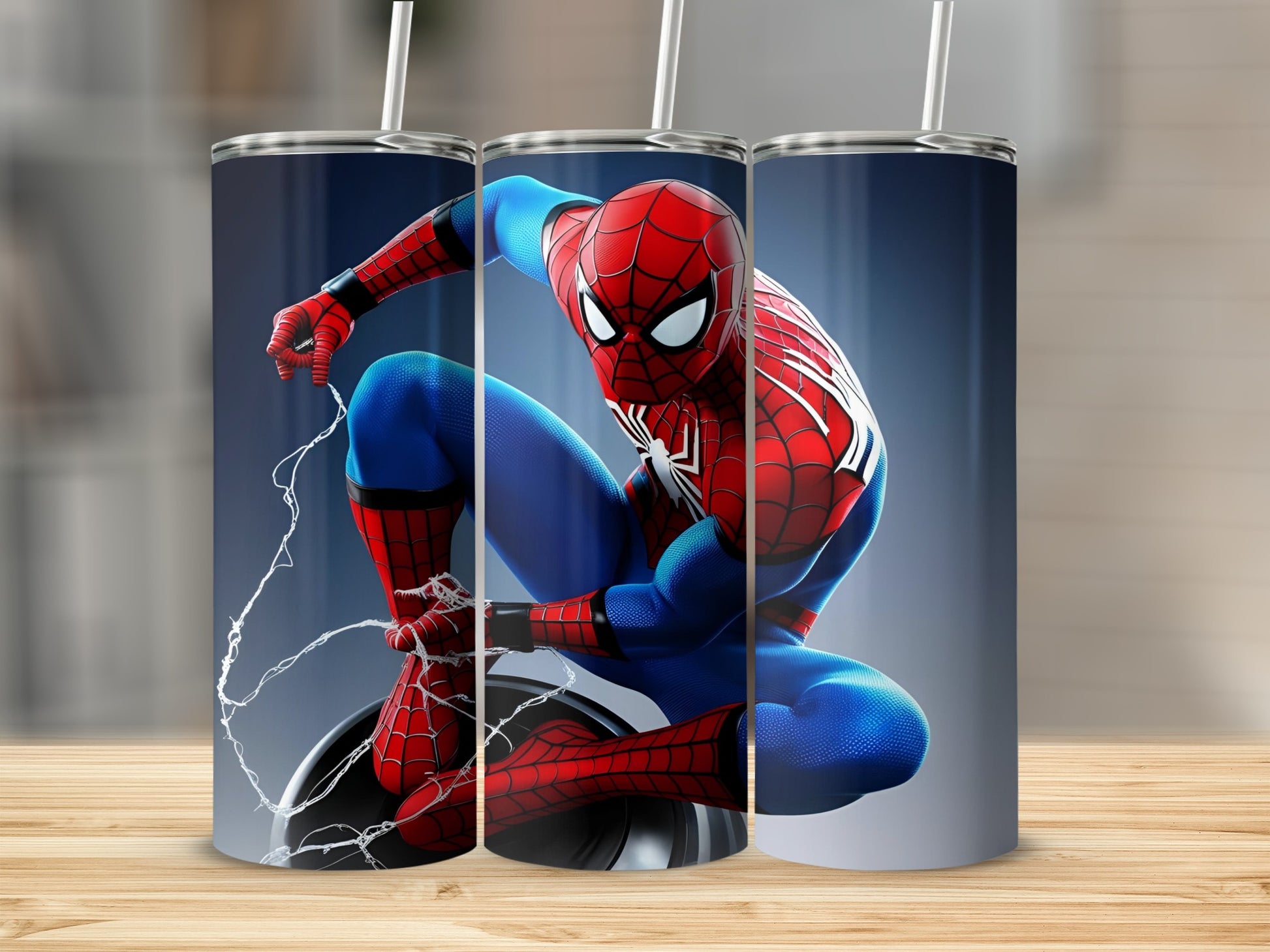 Spiderman in a dynamic pose on a tumbler, with webs.