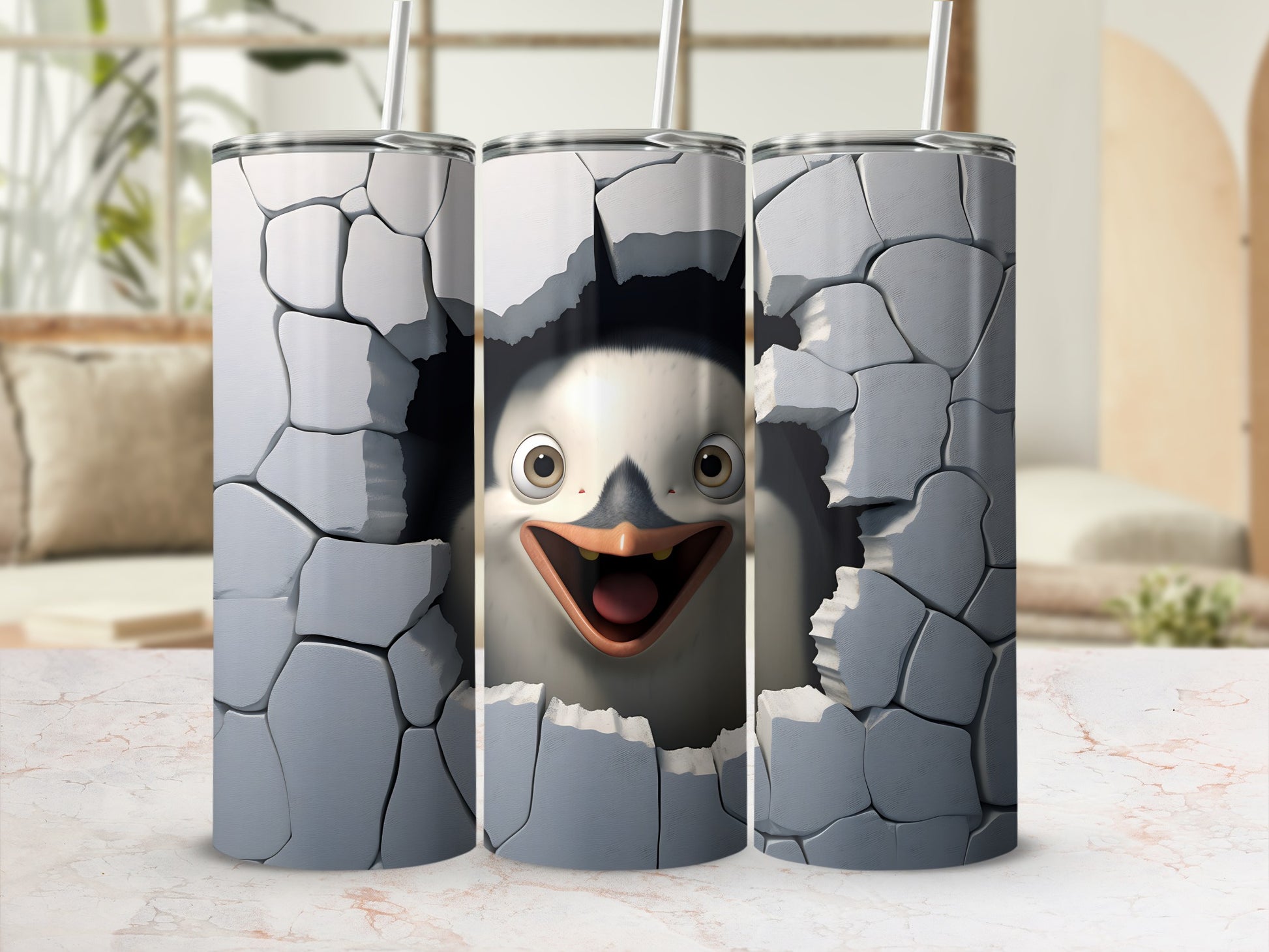 Cracked wall revealing surprised penguin face on a white tumbler.