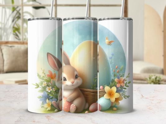 Easter bunny with colorful eggs and bird design on three tumblers.
