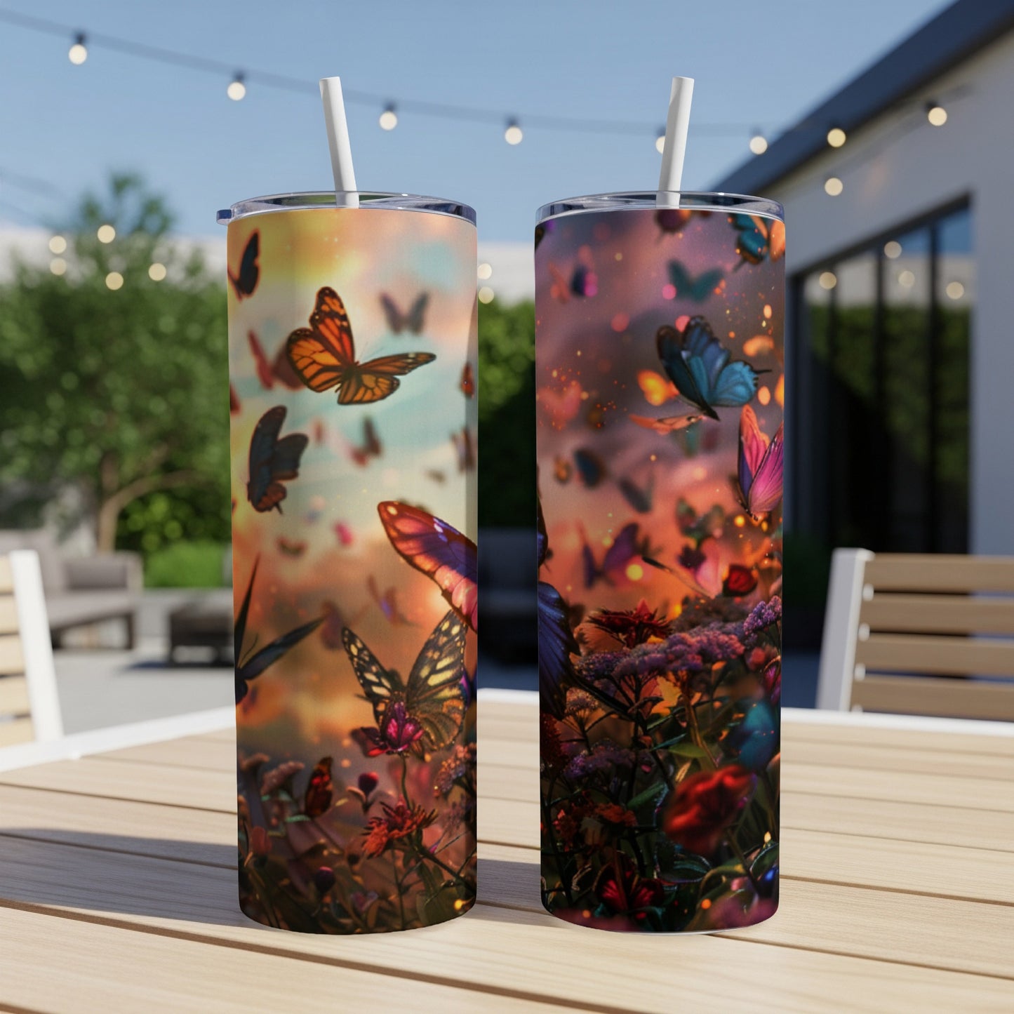 Two tumblers with a vibrant butterfly and floral design.