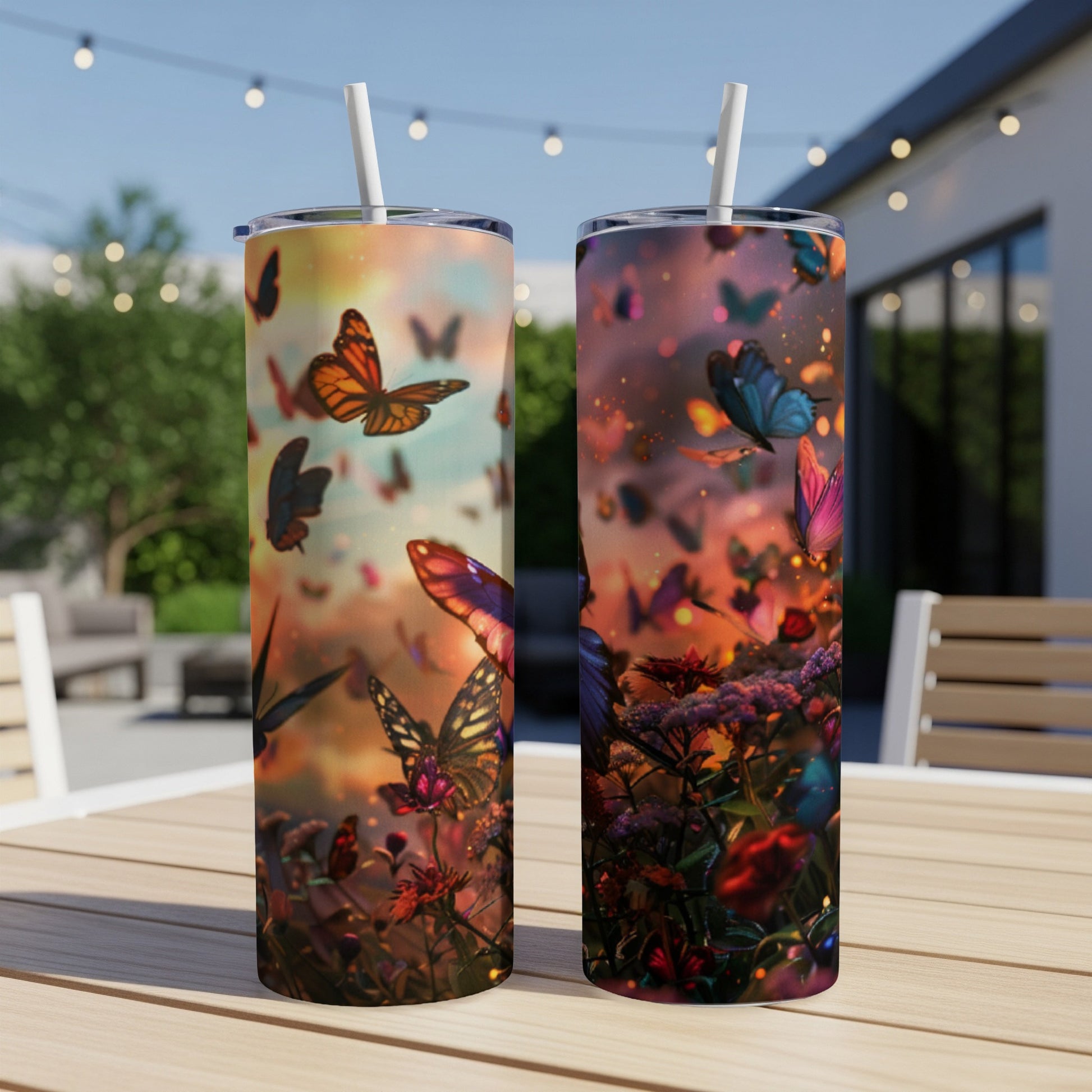 Two tumblers with a vibrant butterfly and floral design.